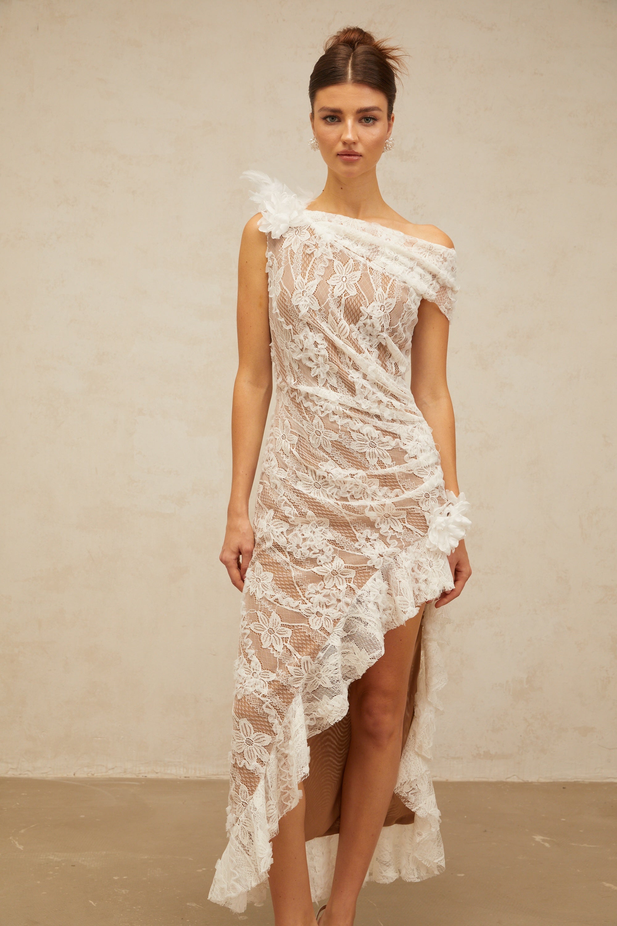 Suzanne white asymmetrical floral-lace midi dress