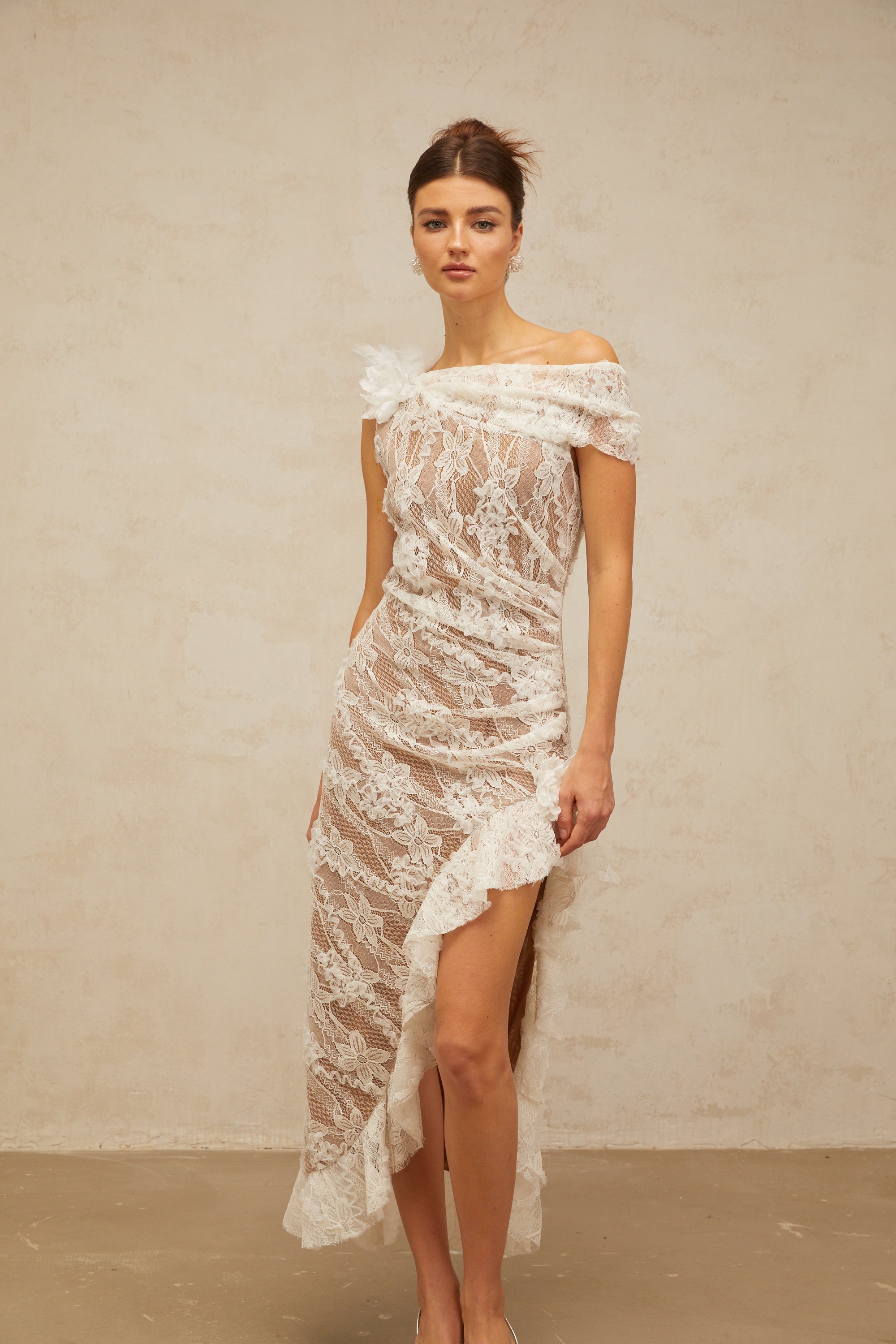 Suzanne white asymmetrical floral-lace midi dress