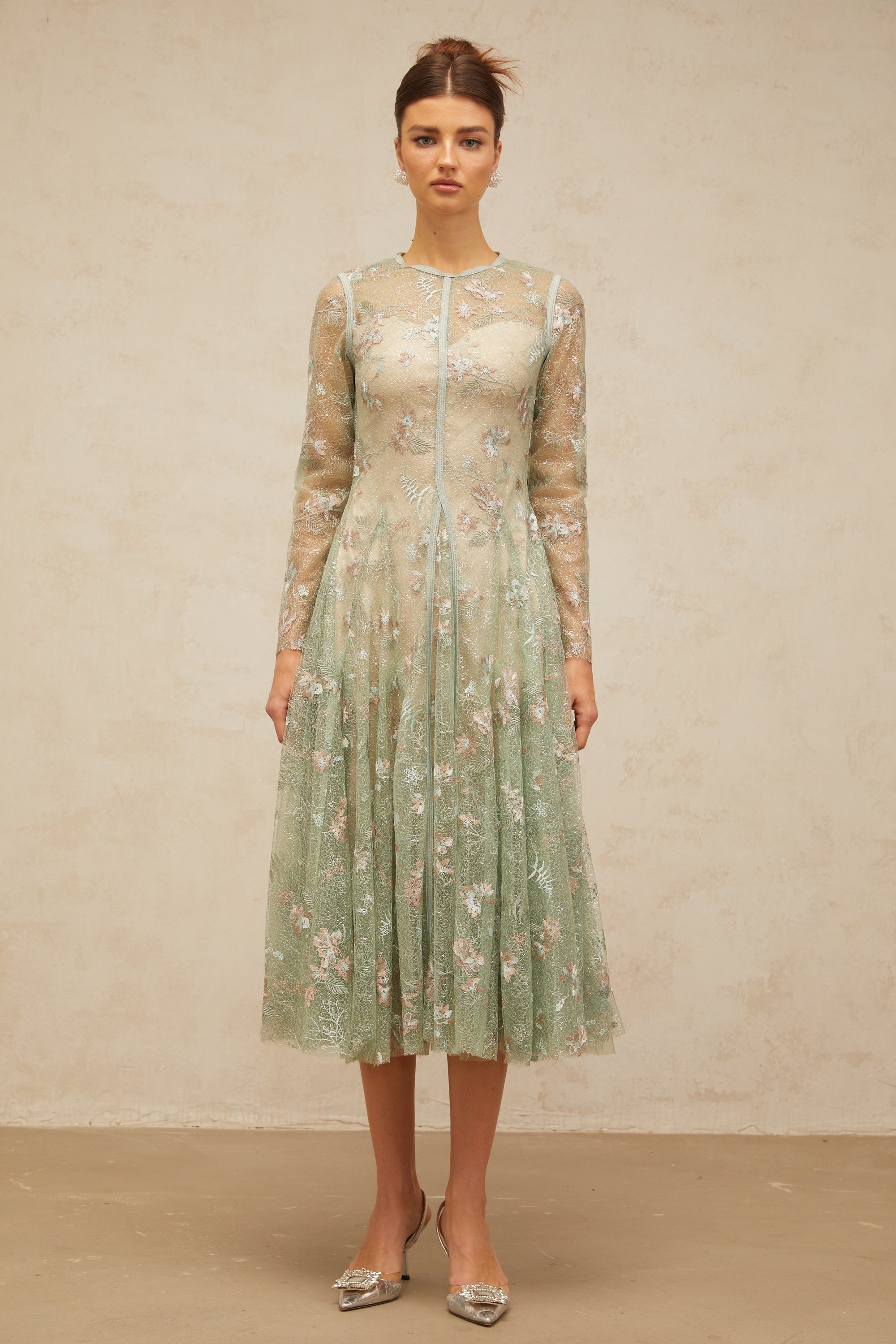 Philomène green flower-embroidered pleated midi dress