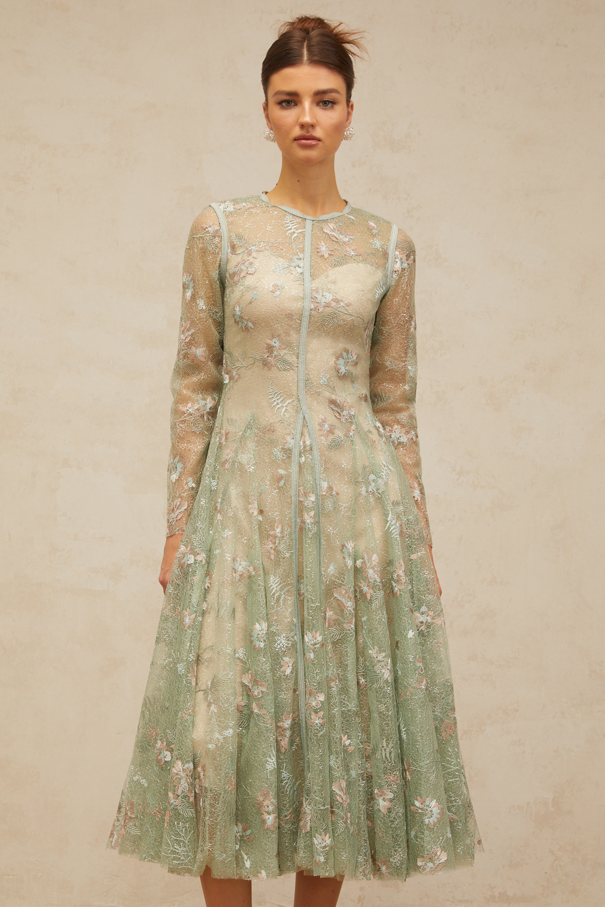 Philomène green flower-embroidered pleated midi dress
