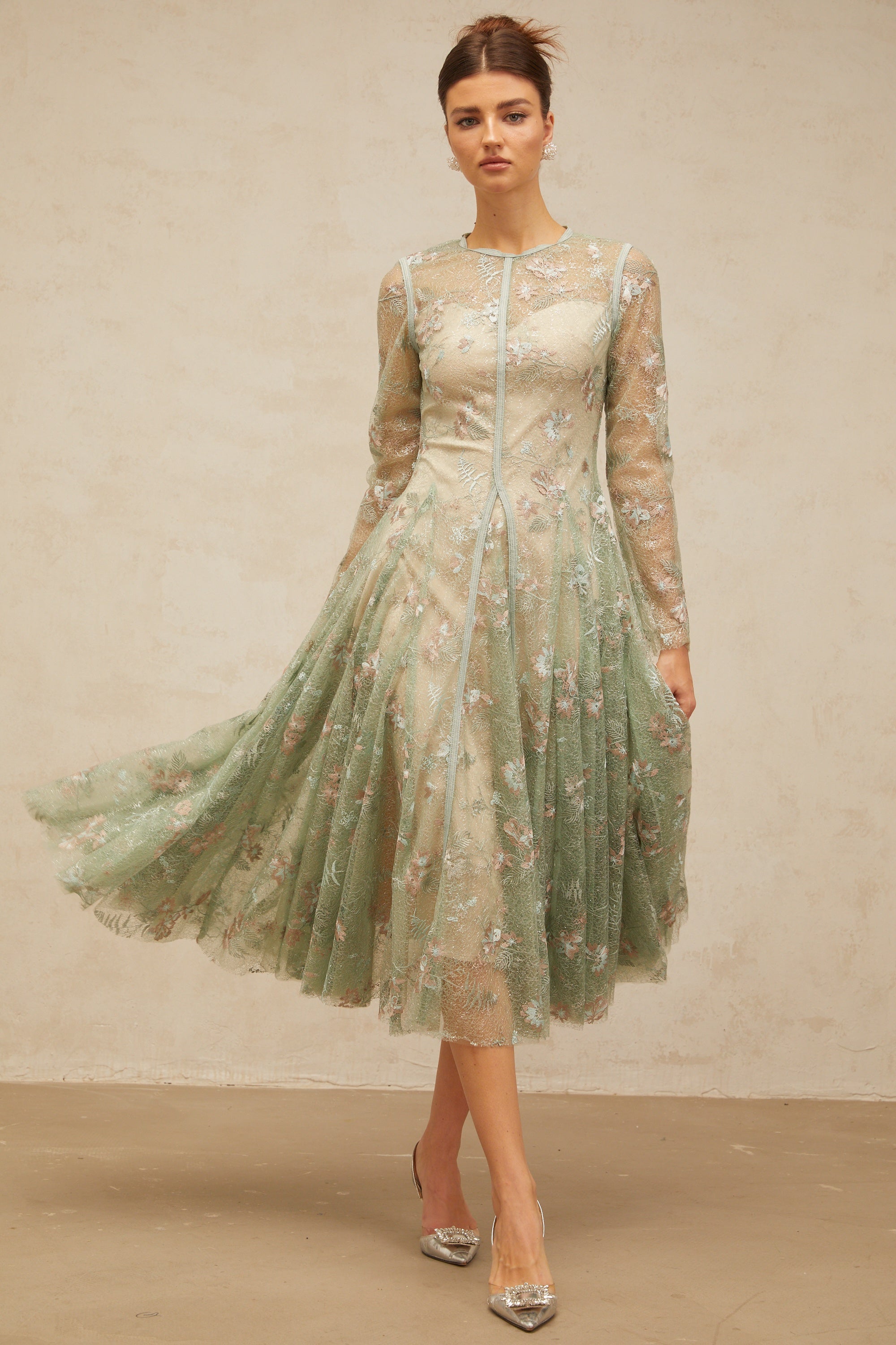Philomène green flower-embroidered pleated midi dress