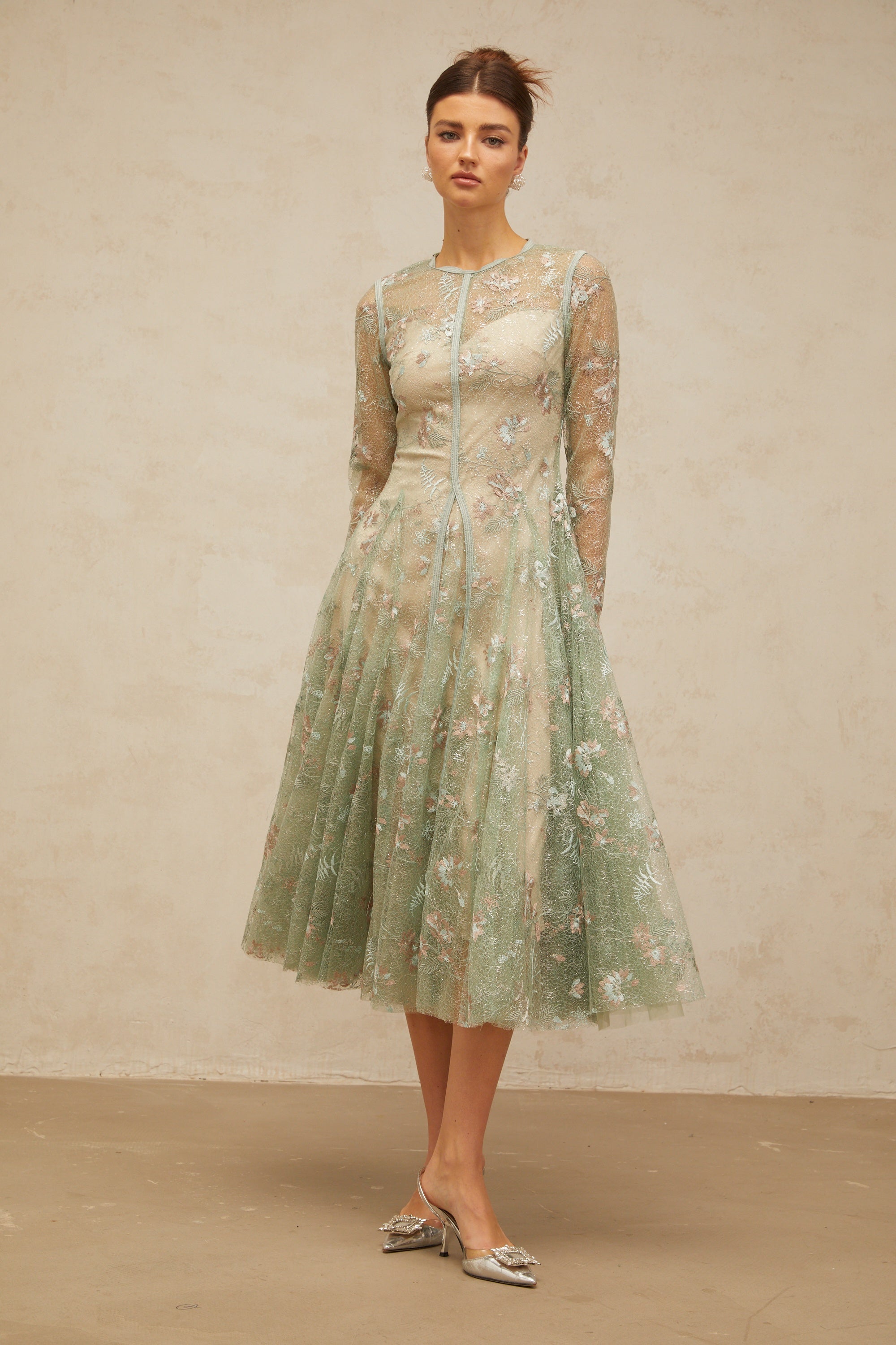 Philomène green flower-embroidered pleated midi dress