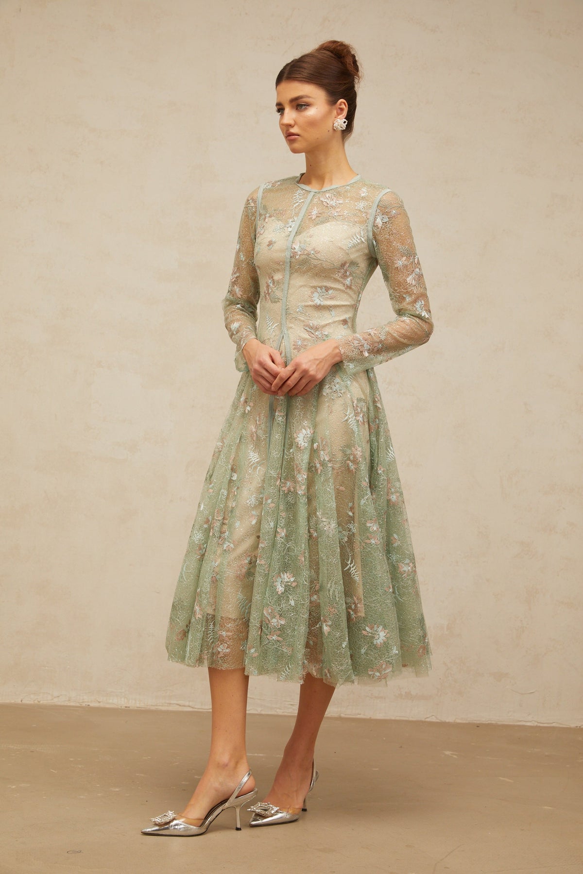 Philomène green flower-embroidered pleated midi dress