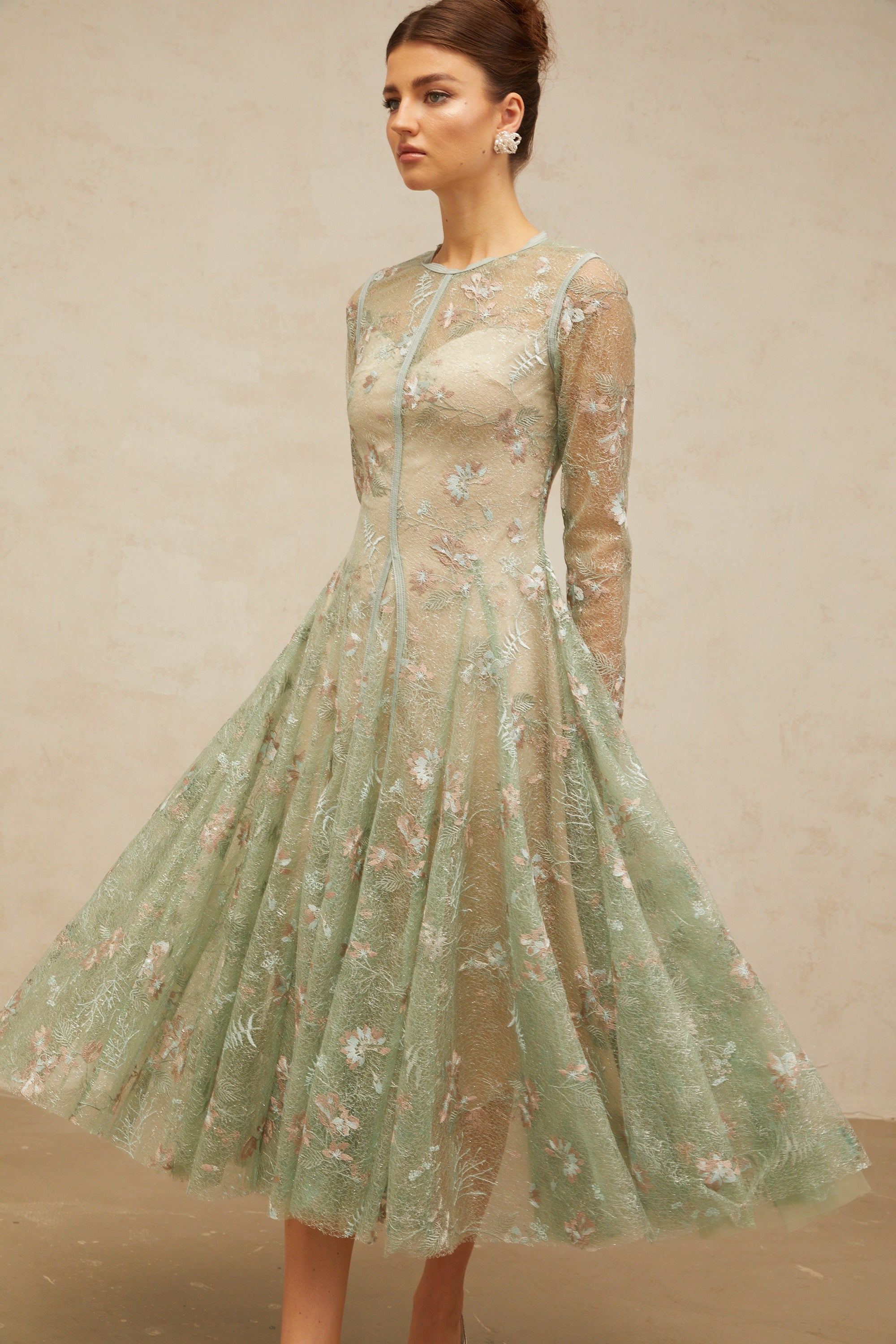 Philomène green flower-embroidered pleated midi dress
