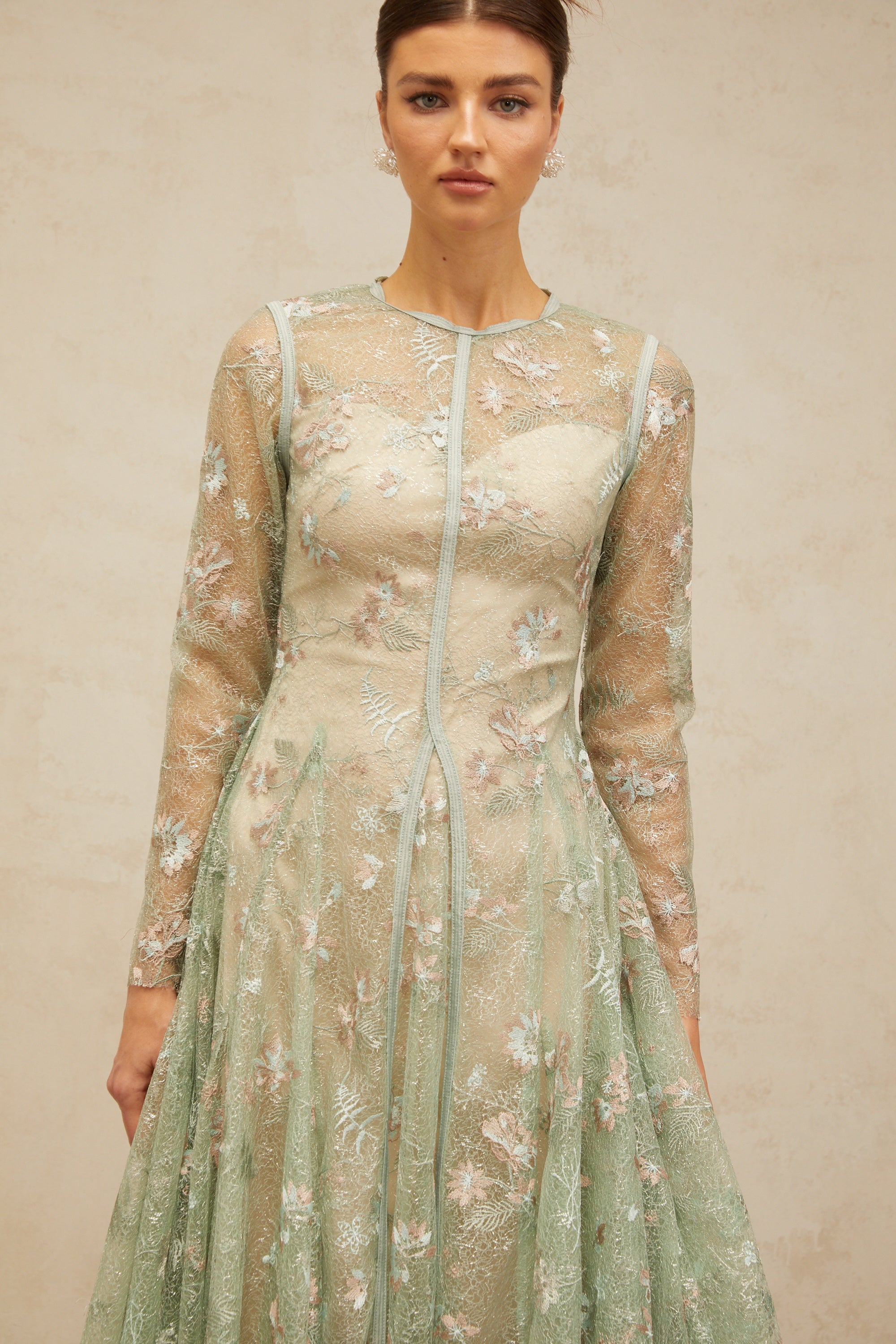 Philomène green flower-embroidered pleated midi dress