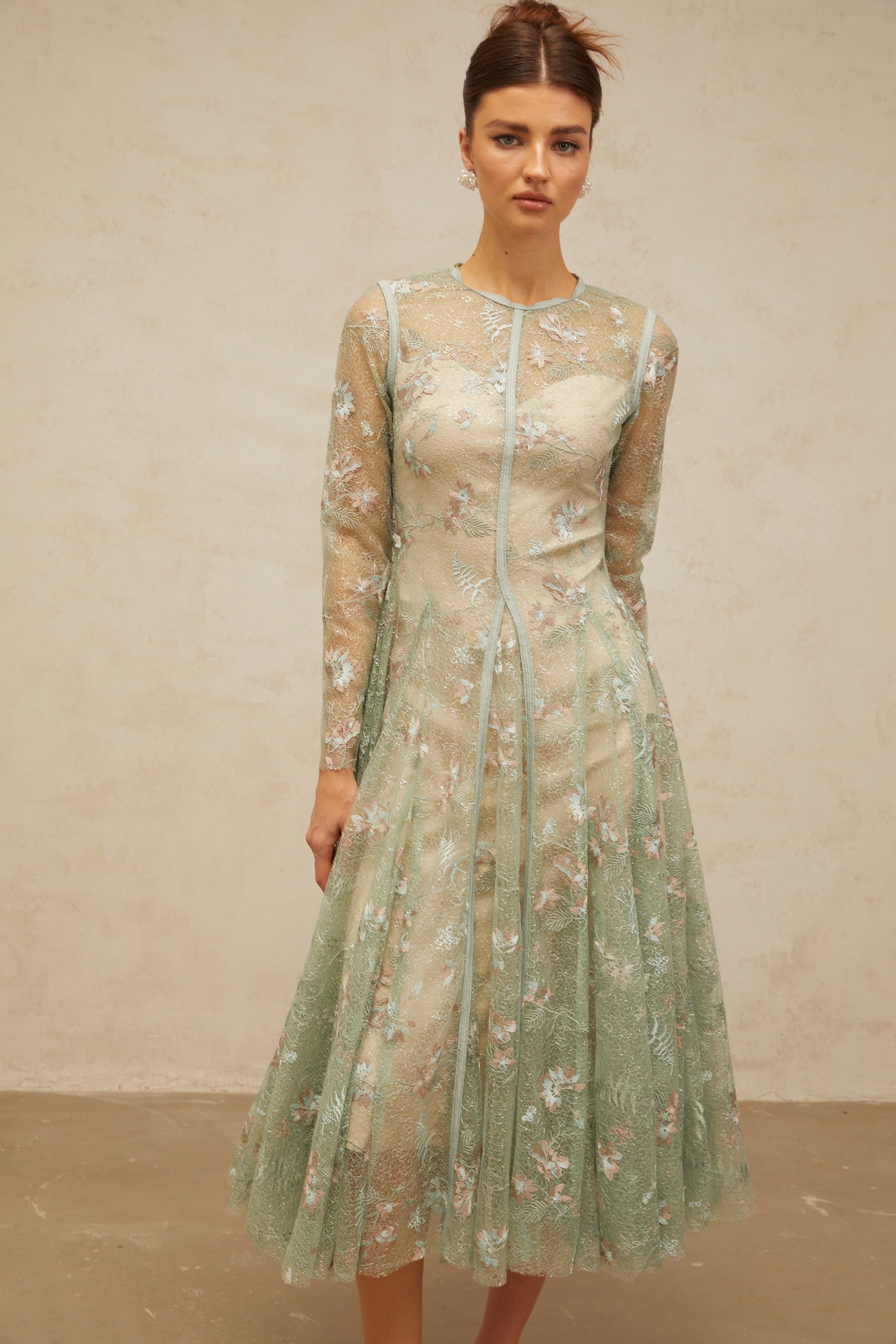 Philomène green flower-embroidered pleated midi dress