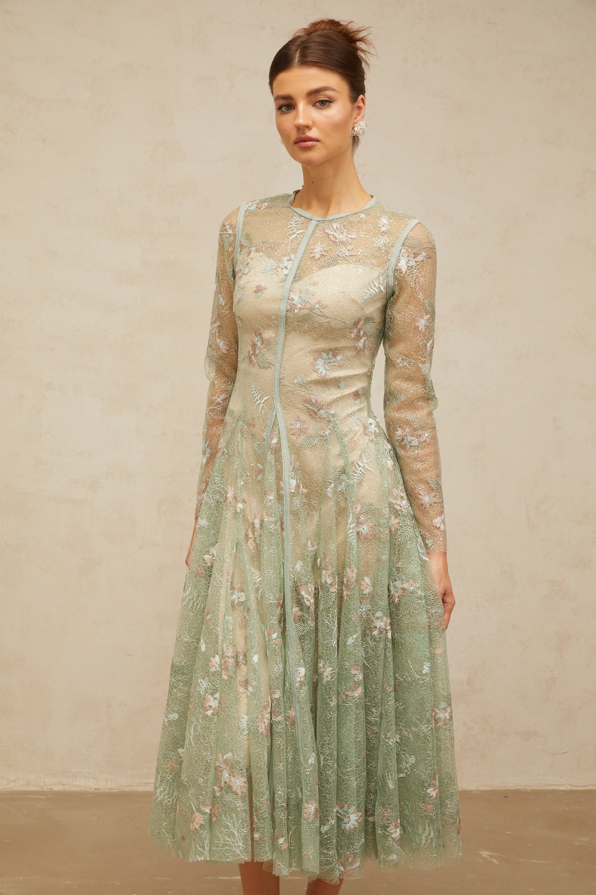 Philomène green flower-embroidered pleated midi dress