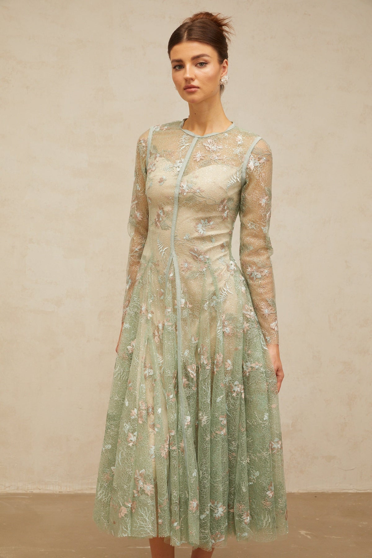 Philomène green flower-embroidered pleated midi dress