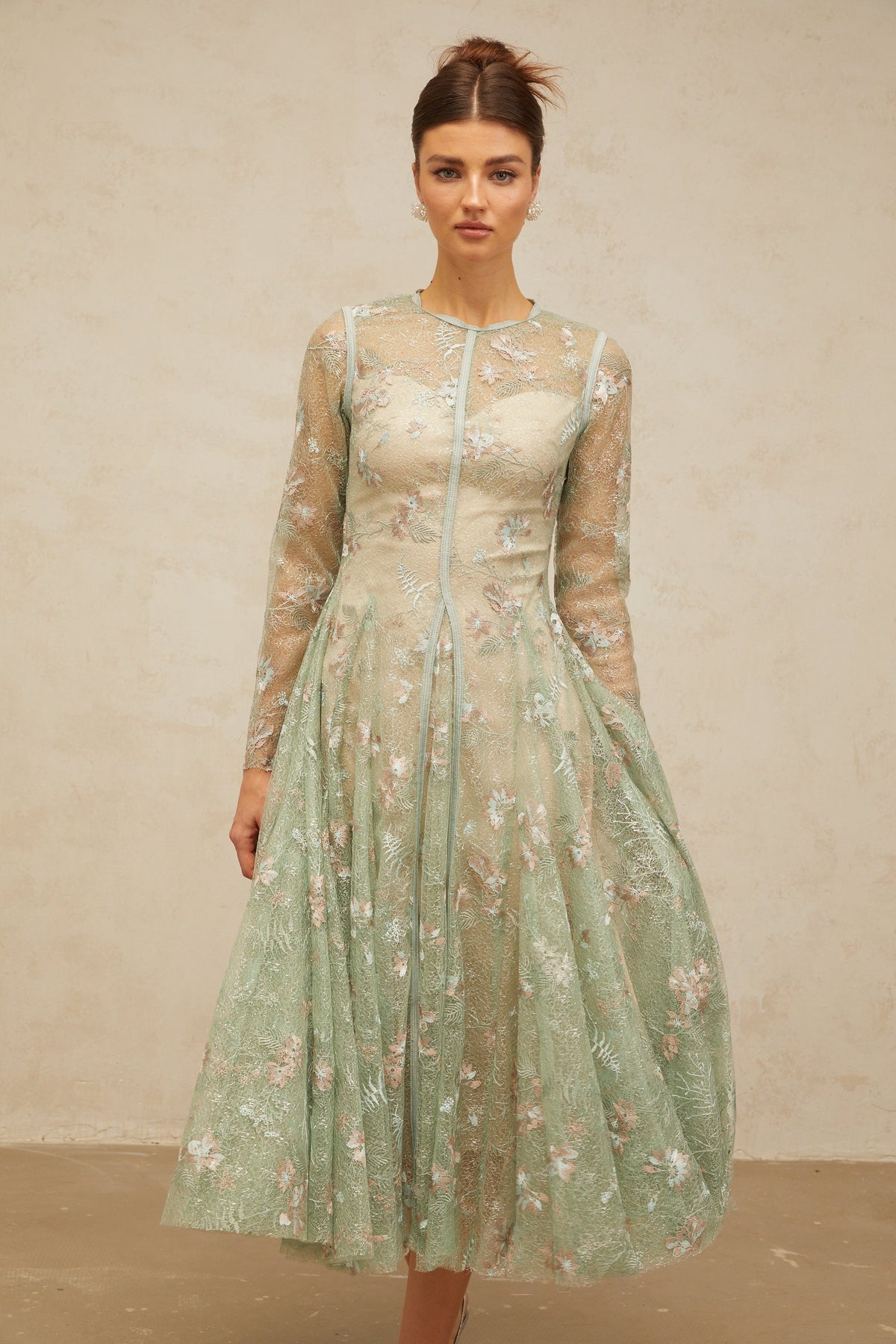 Philomène green flower-embroidered pleated midi dress