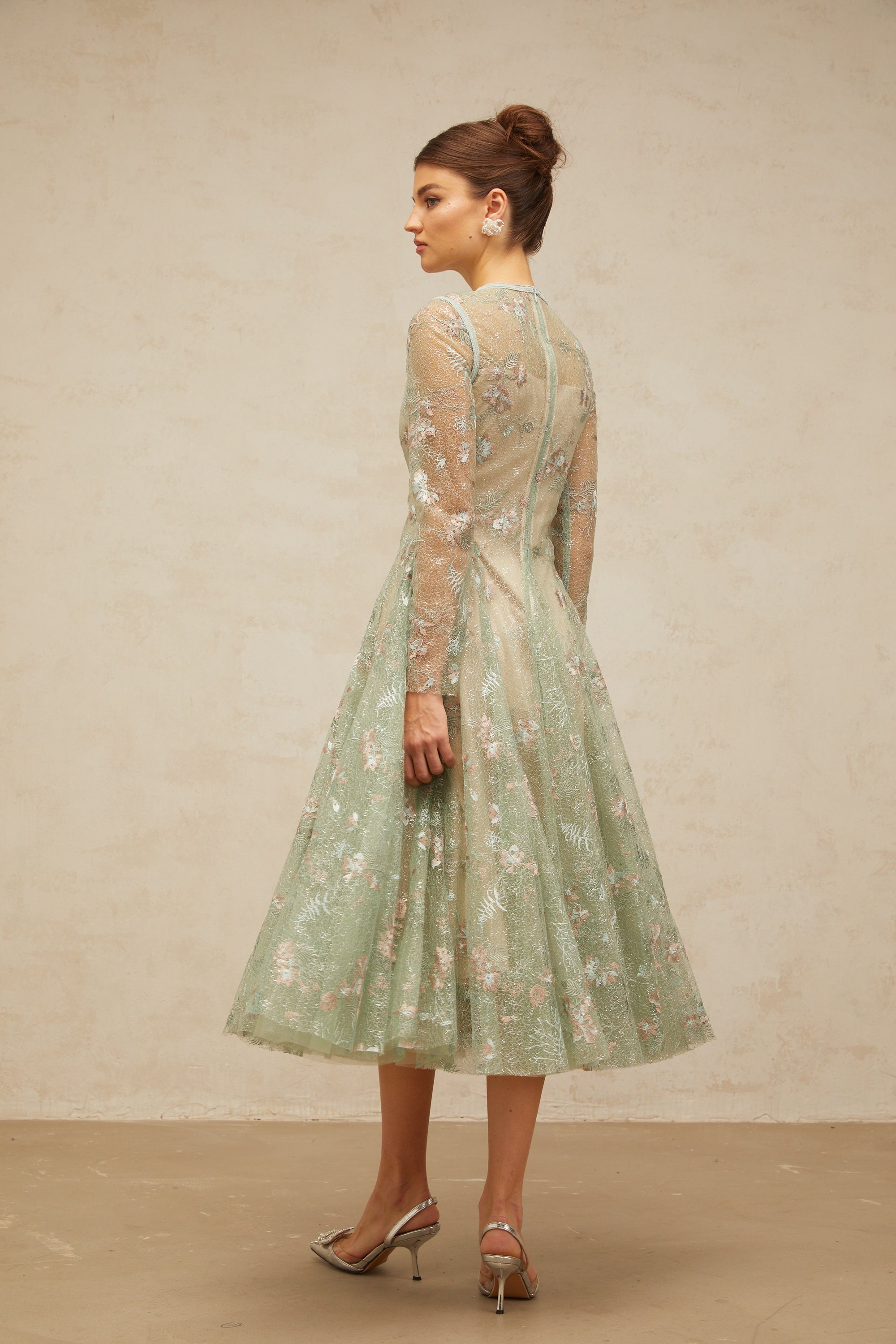 Philomène green flower-embroidered pleated midi dress