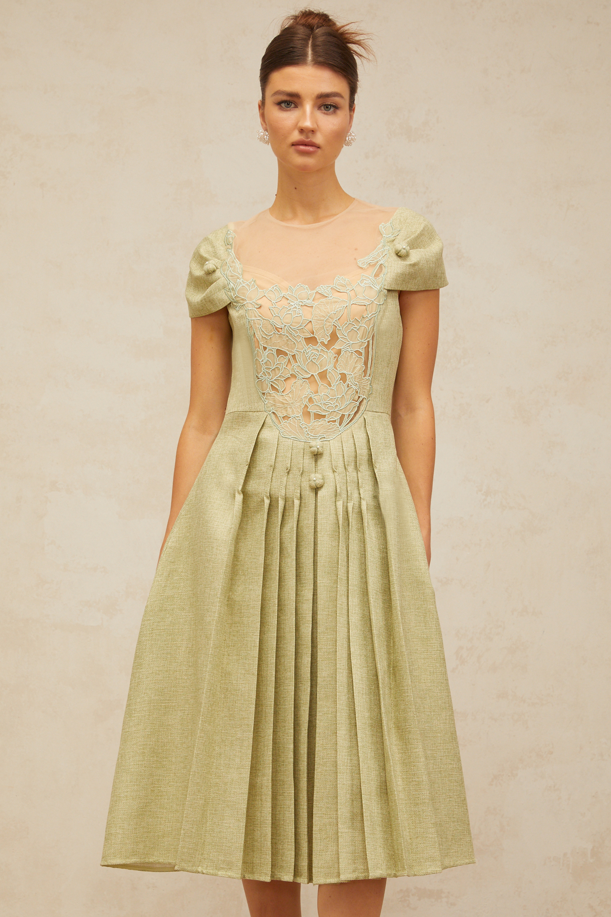 Marianne green flower-motif pleated midi dress
