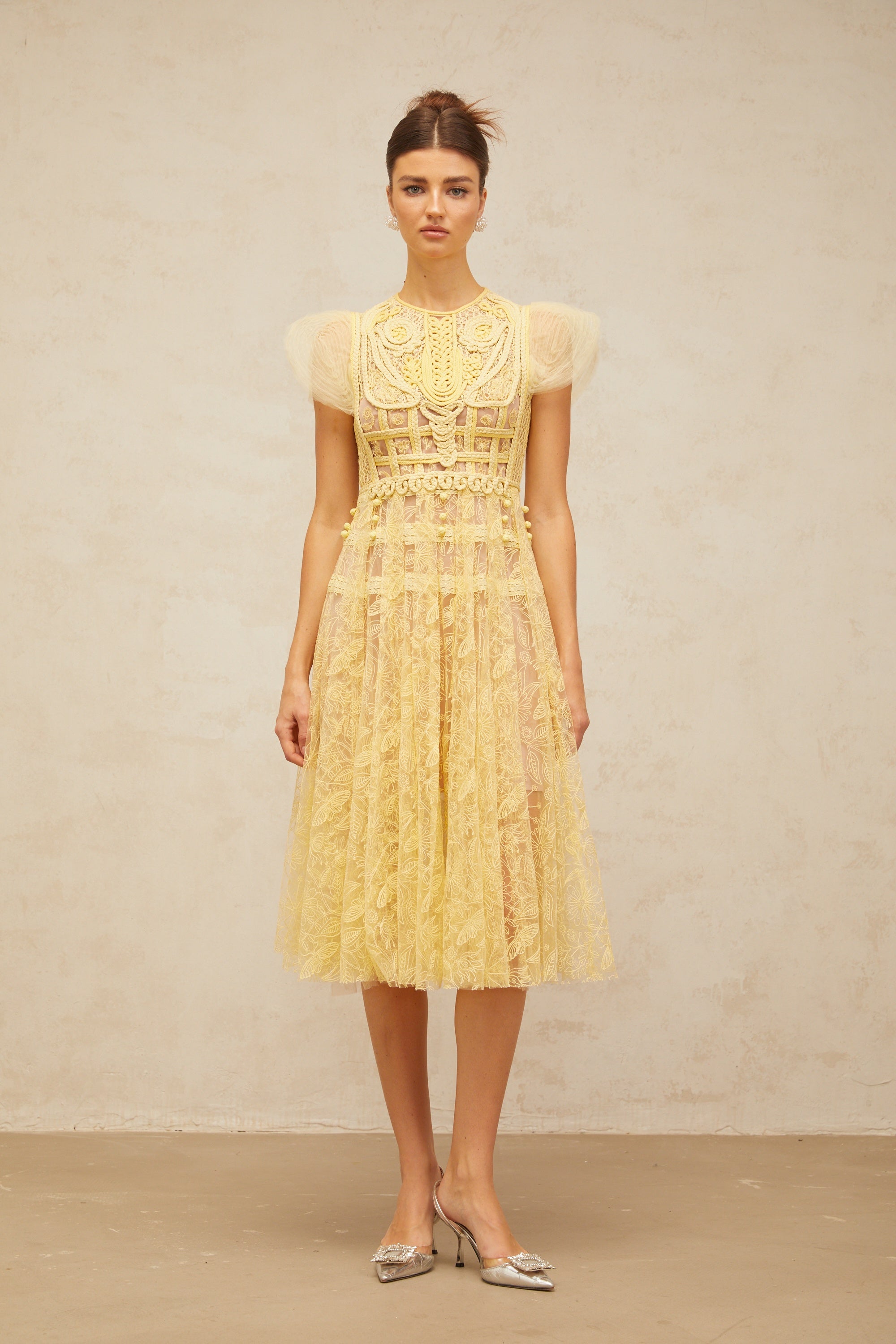 Véronique yellow embroidered-lace pleated midi dress (Final Sale-US Only)