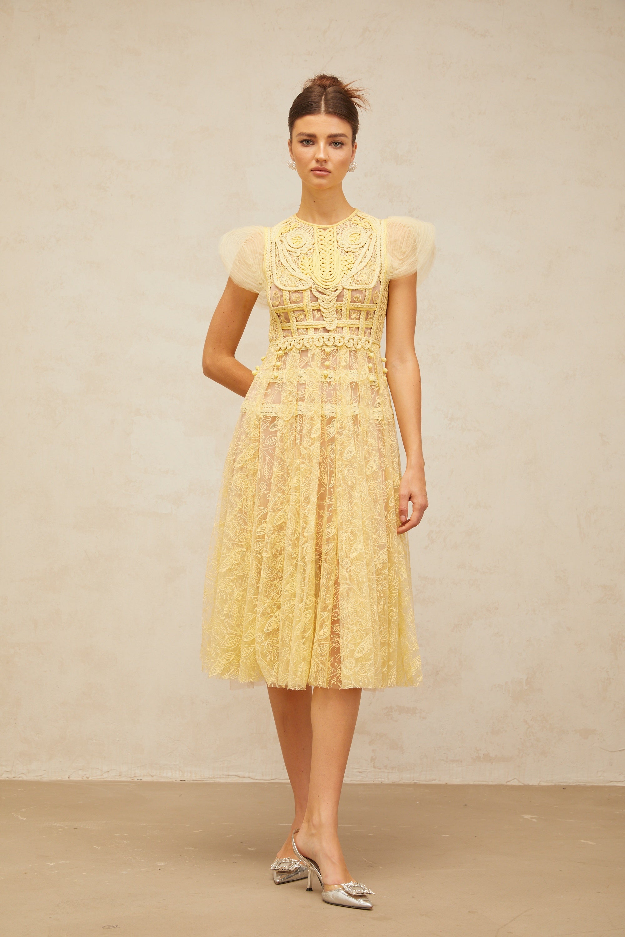 Véronique yellow embroidered-lace pleated midi dress (Final Sale-US Only)