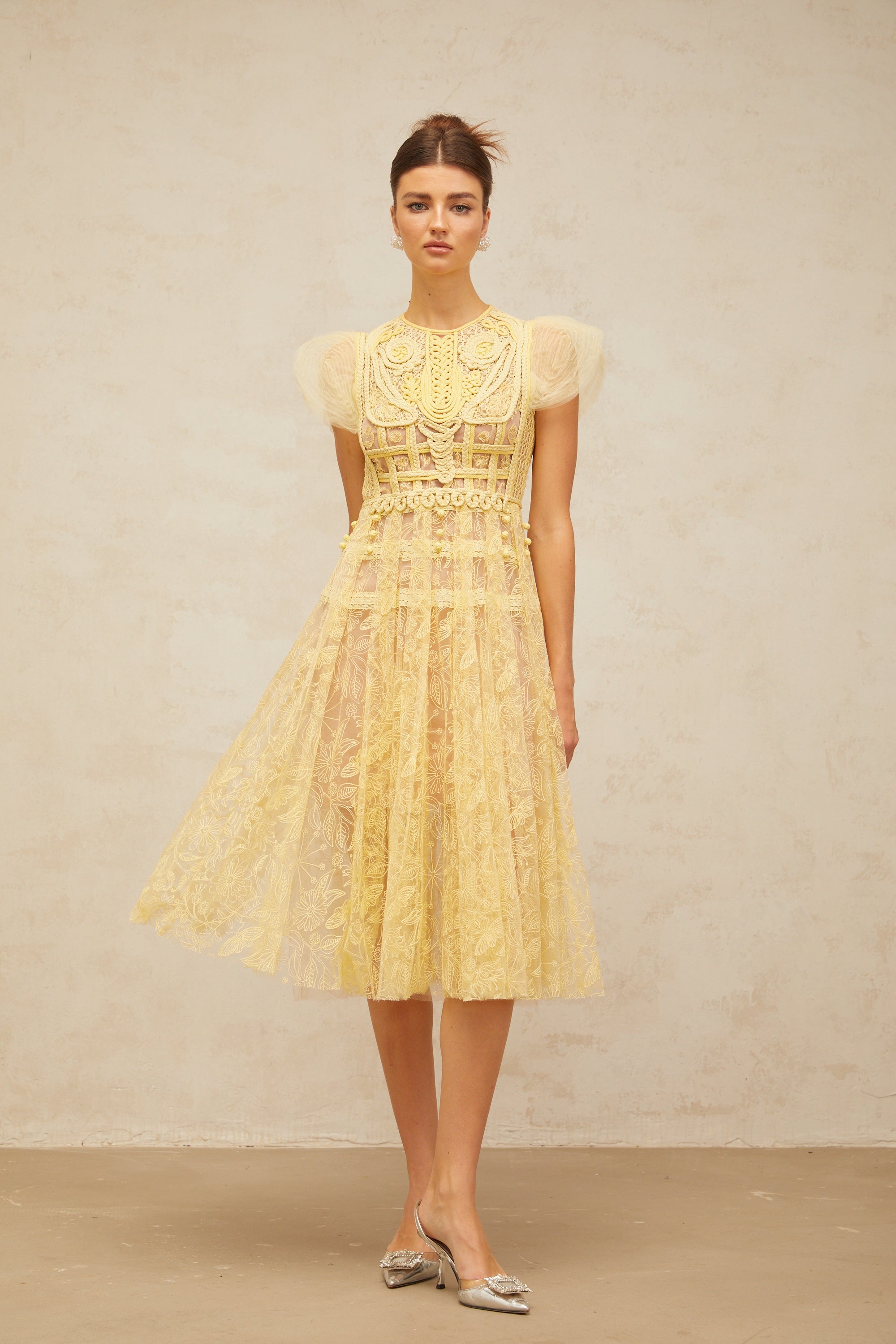 Véronique yellow embroidered-lace pleated midi dress