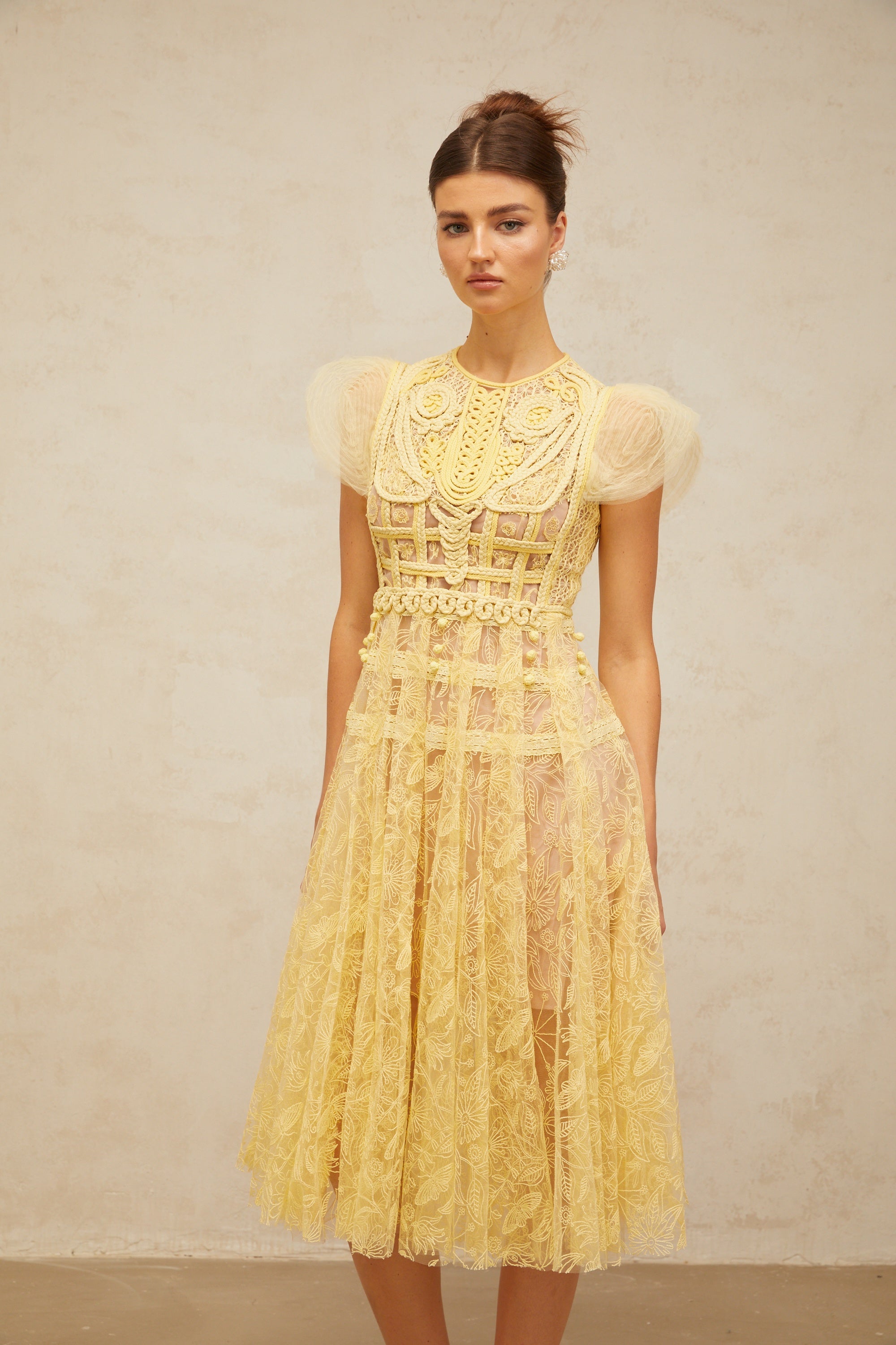 Véronique yellow embroidered-lace pleated midi dress