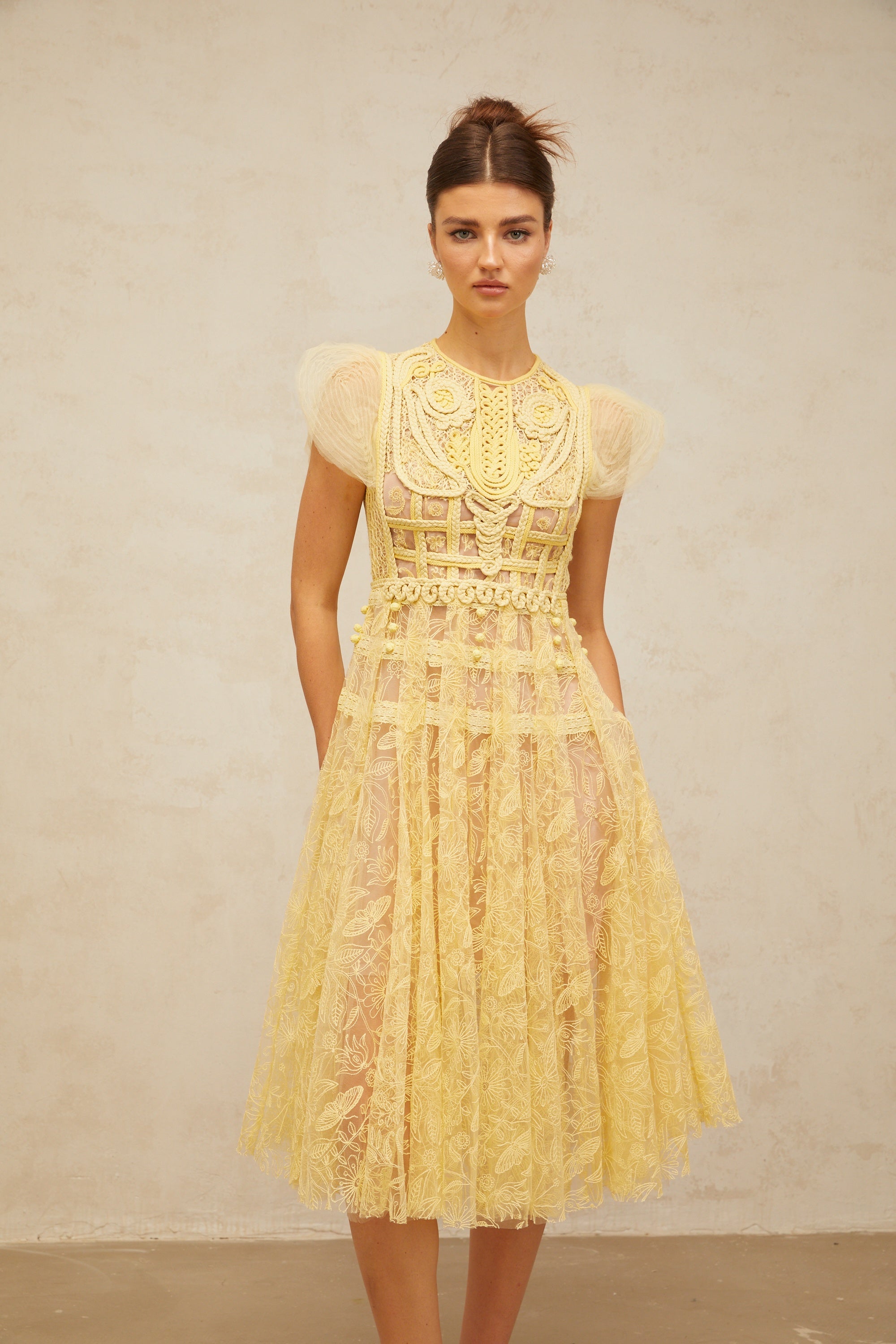 Véronique yellow embroidered-lace pleated midi dress