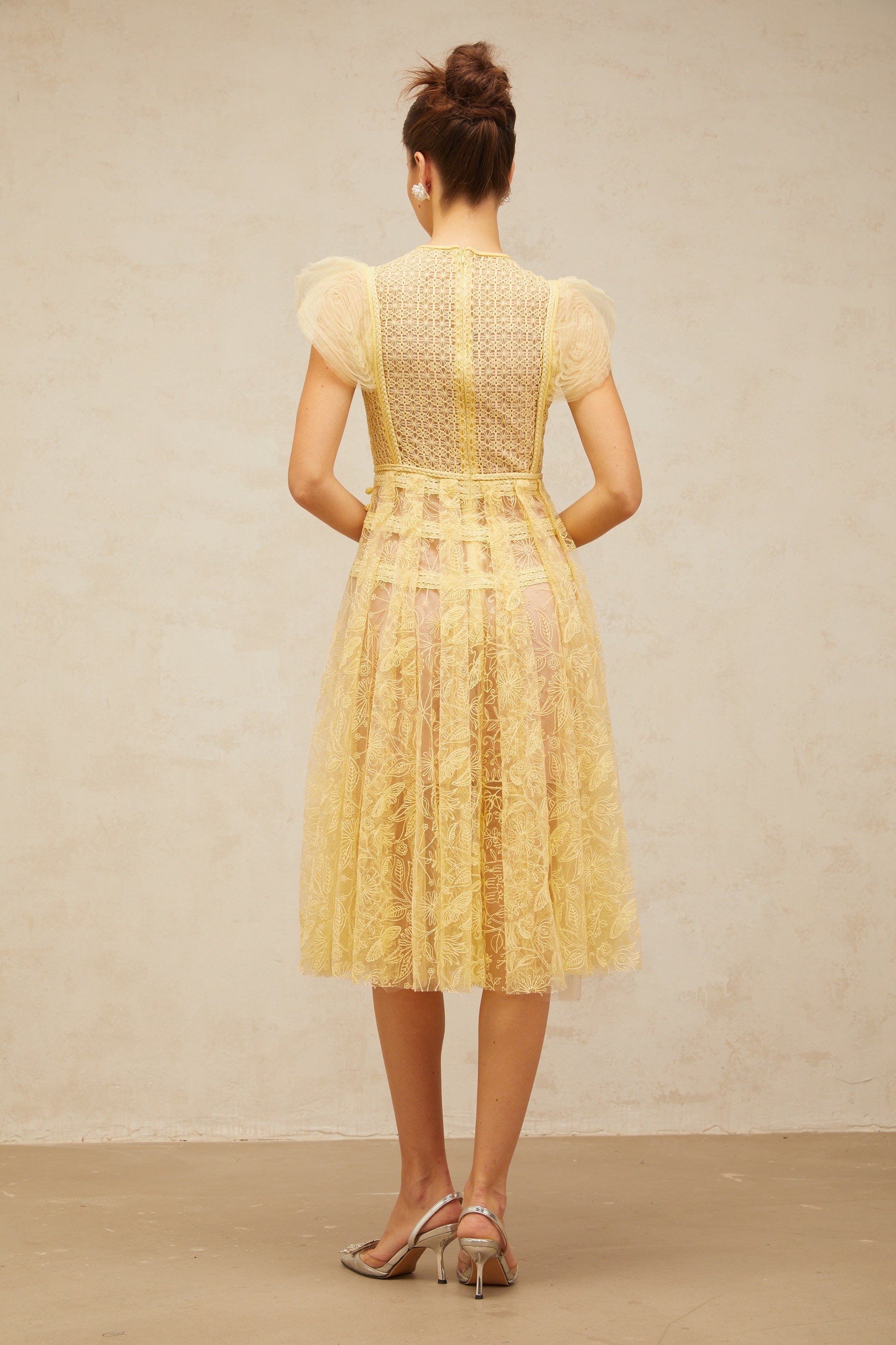 Véronique yellow embroidered-lace pleated midi dress (Final Sale-US Only)