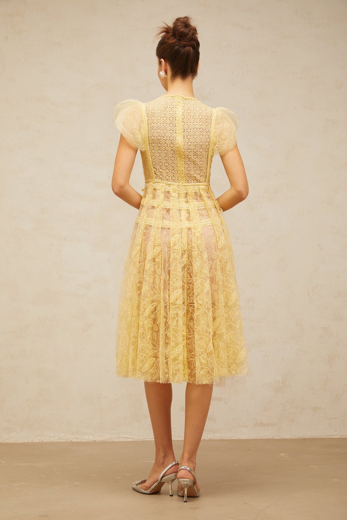Véronique yellow embroidered-lace pleated midi dress (Final Sale-US Only)