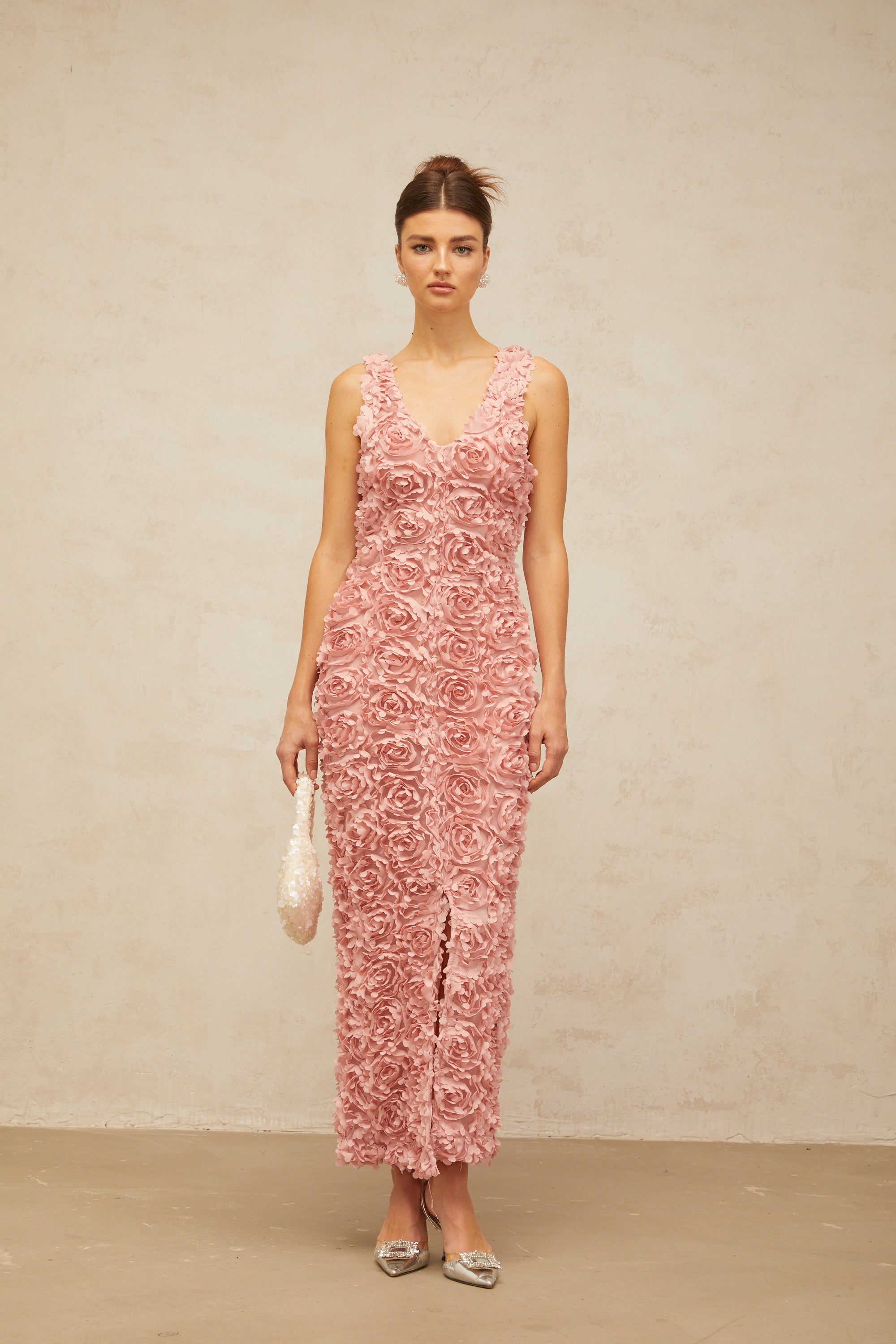 Sylvie faux-flower V-neck maxi dress in Pink