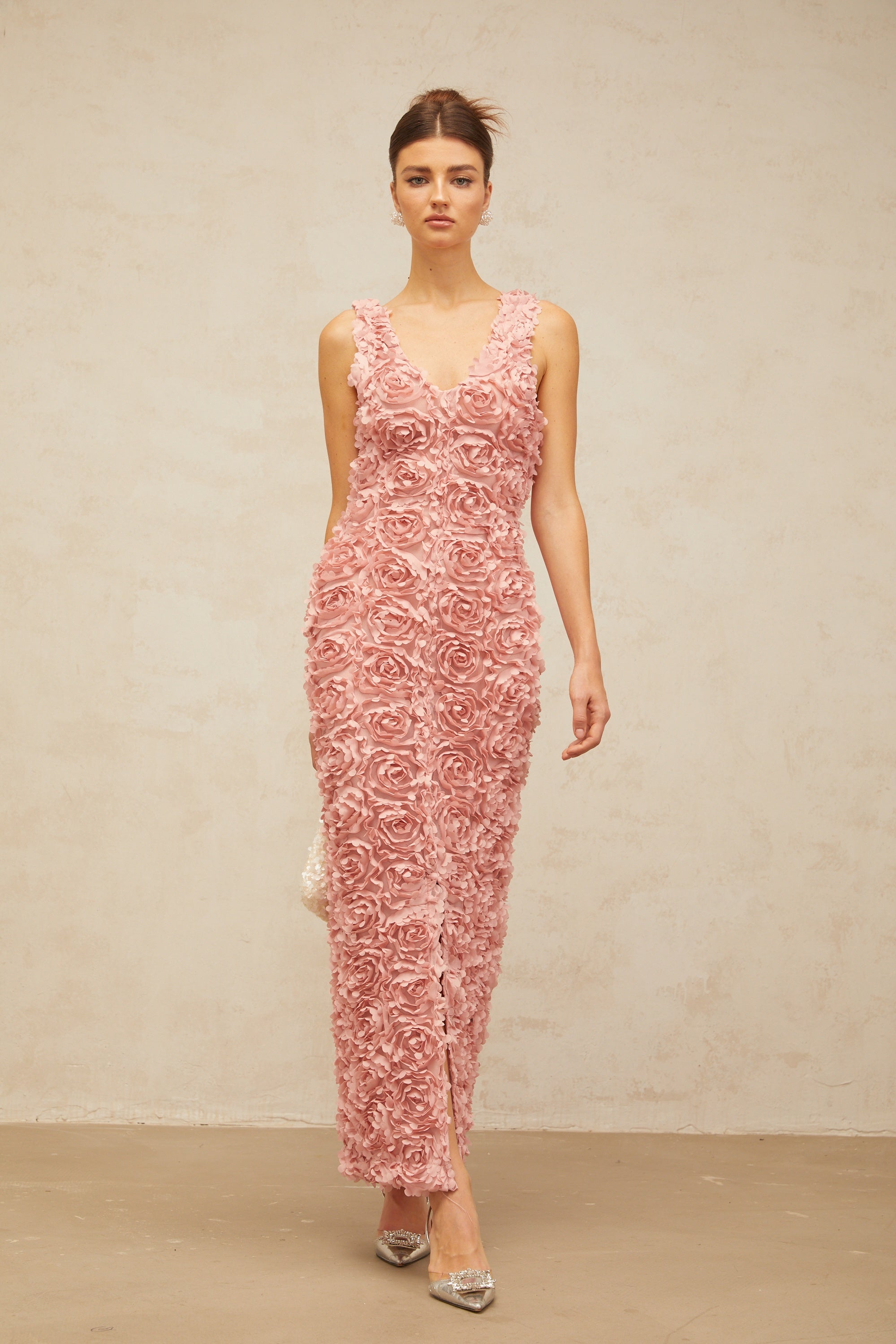 Sylvie faux-flower V-neck maxi dress in Pink