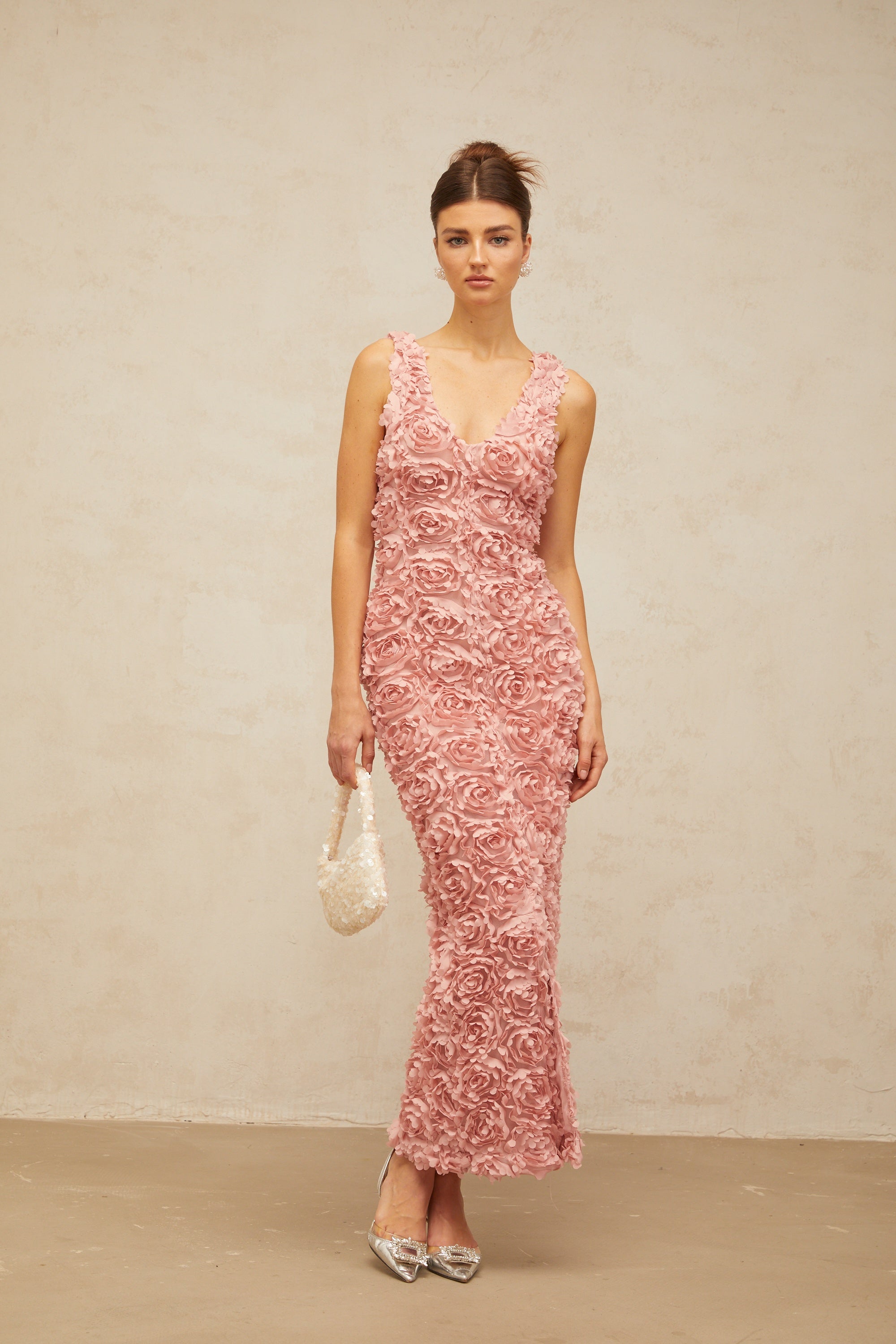 Sylvie faux-flower V-neck maxi dress in Pink