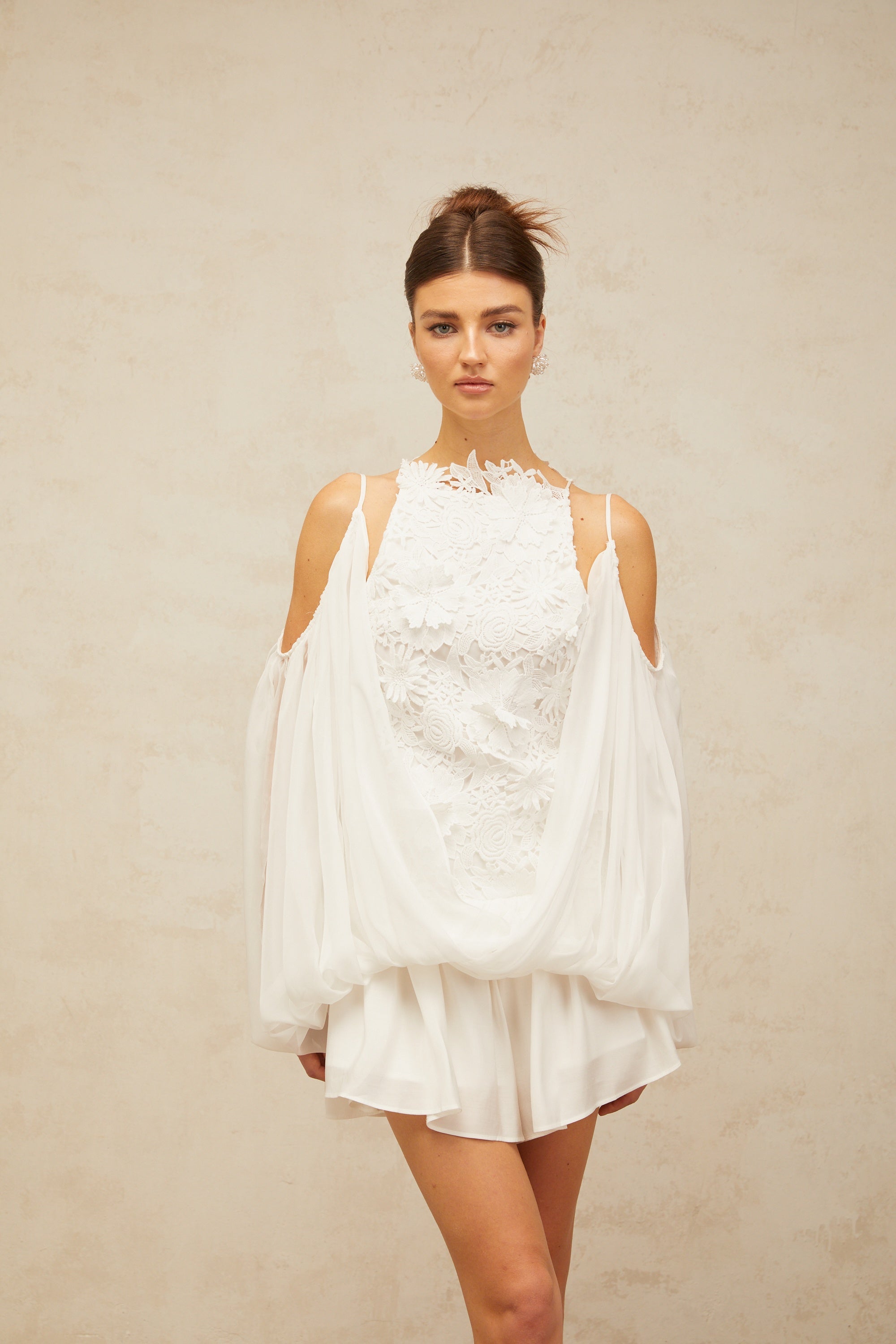 Mailys white floral-lace voile top & shorts matching set