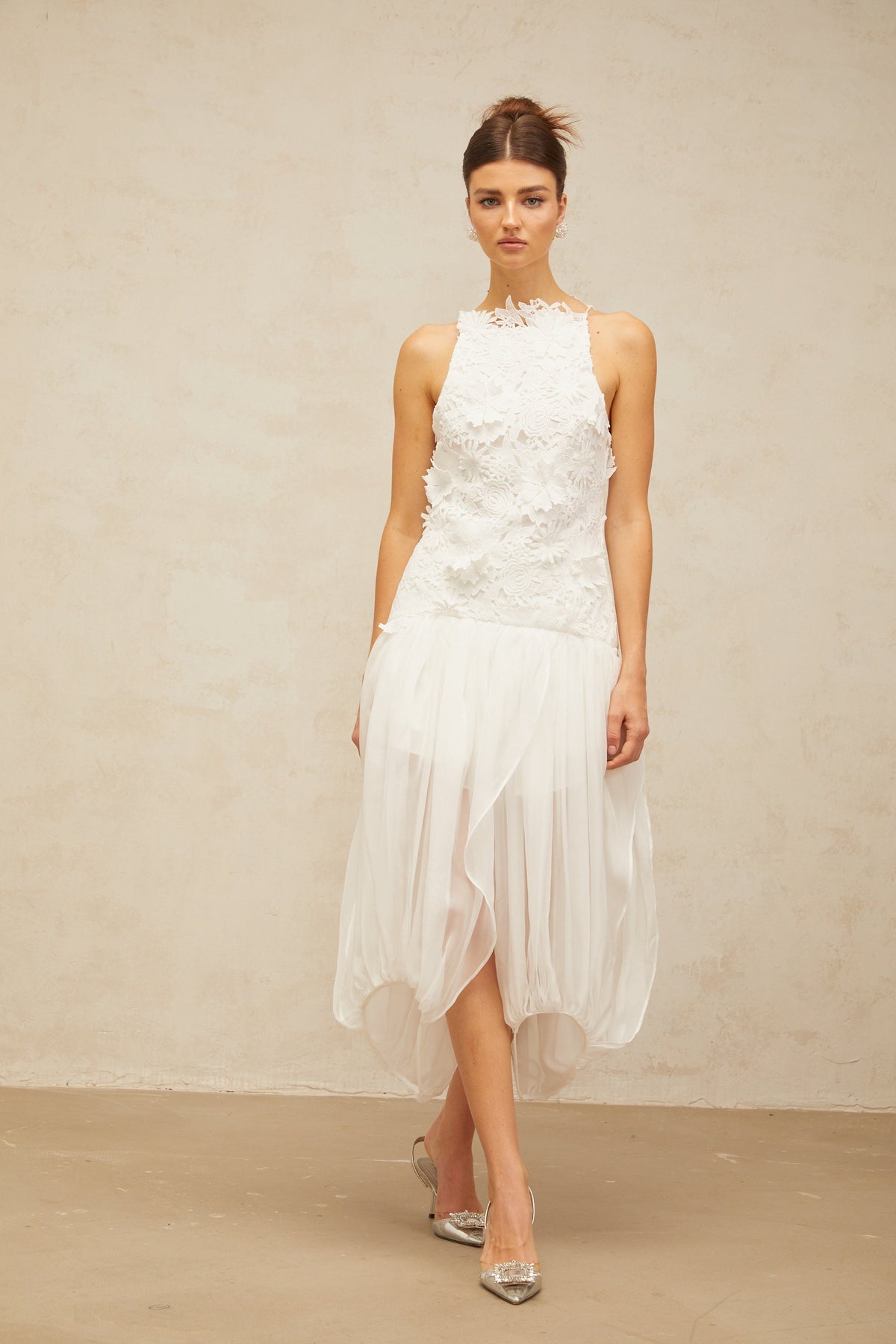 Mailys white floral-lace voile top & shorts matching set