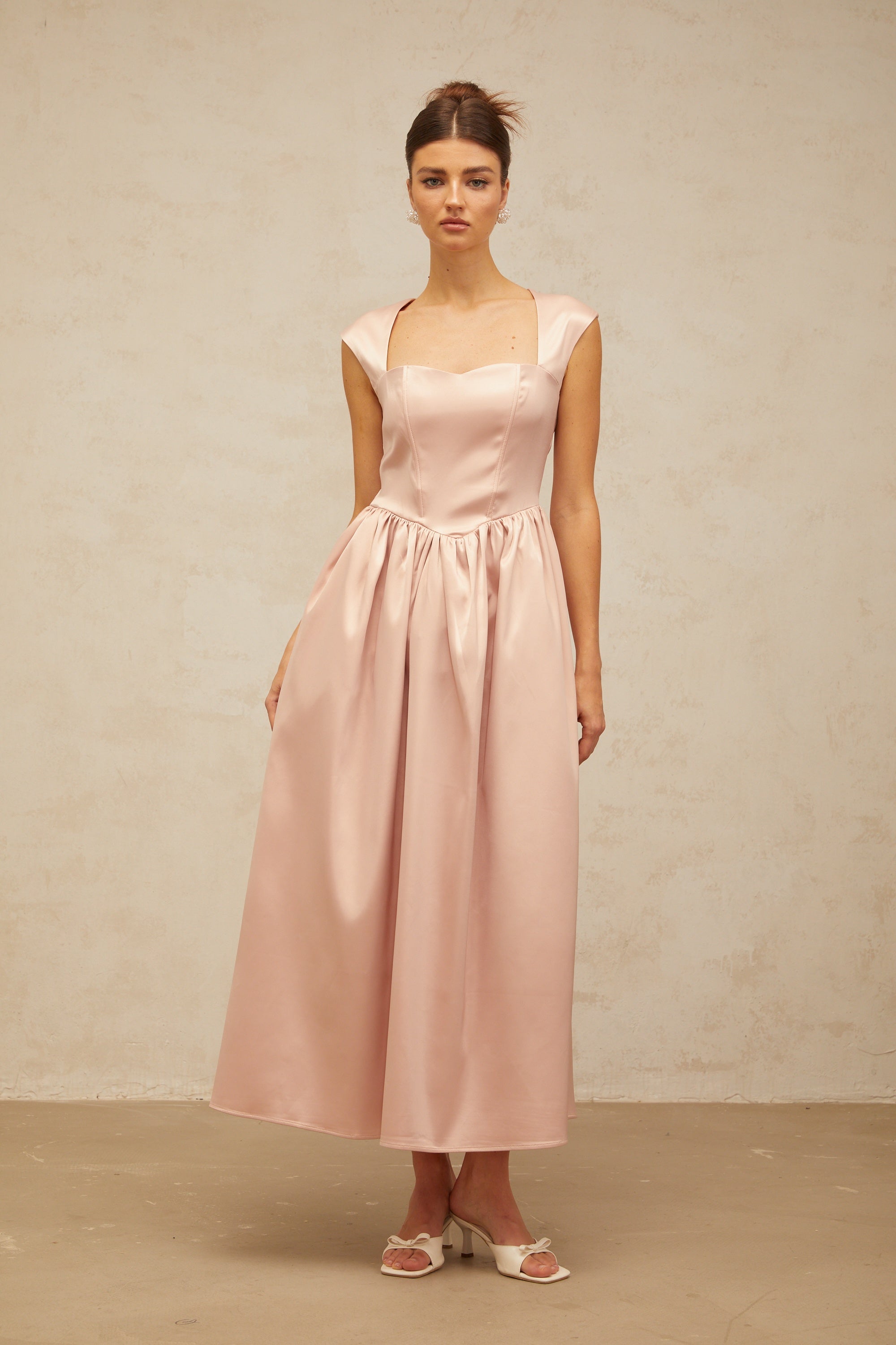 Madeleine pink A-line satin midi dress