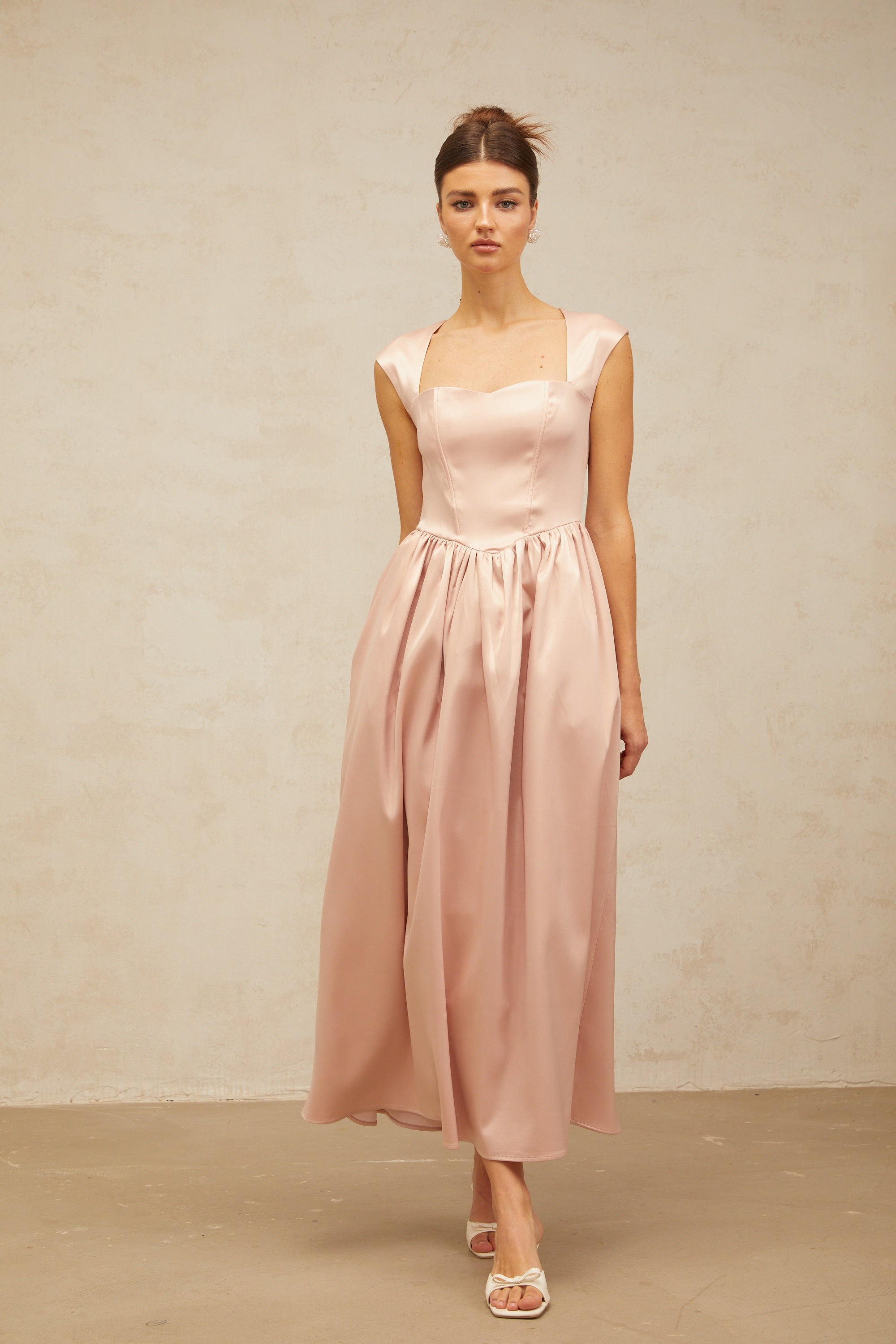 Madeleine pink A-line satin midi dress