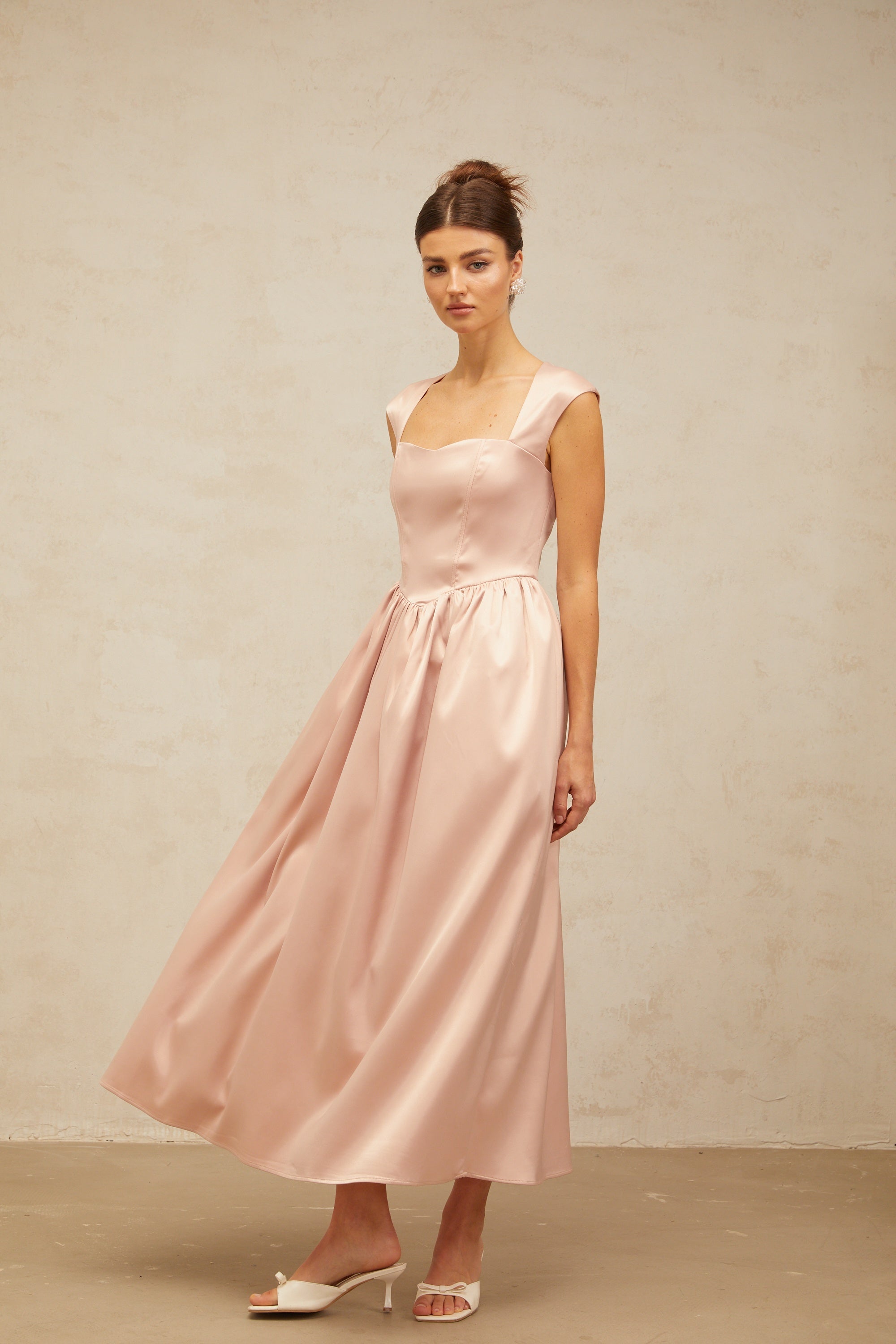 Madeleine pink A-line satin midi dress