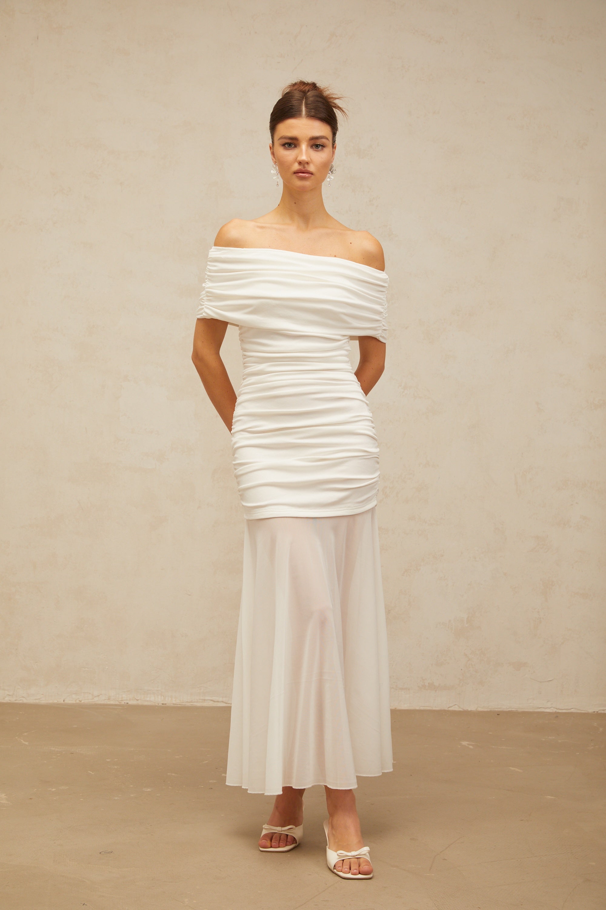 Calliopée white off-shoulder panelled midi dress