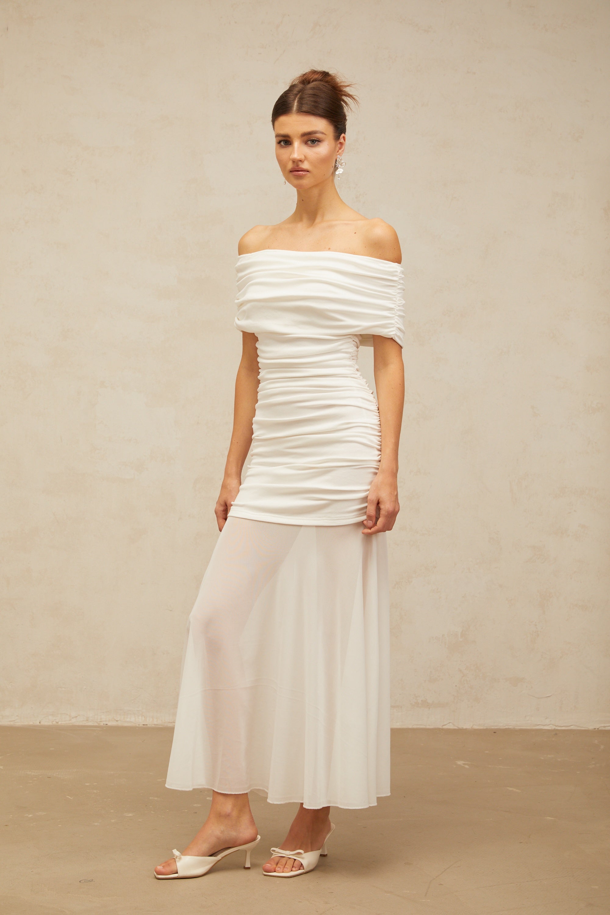 Calliopée white off-shoulder panelled midi dress