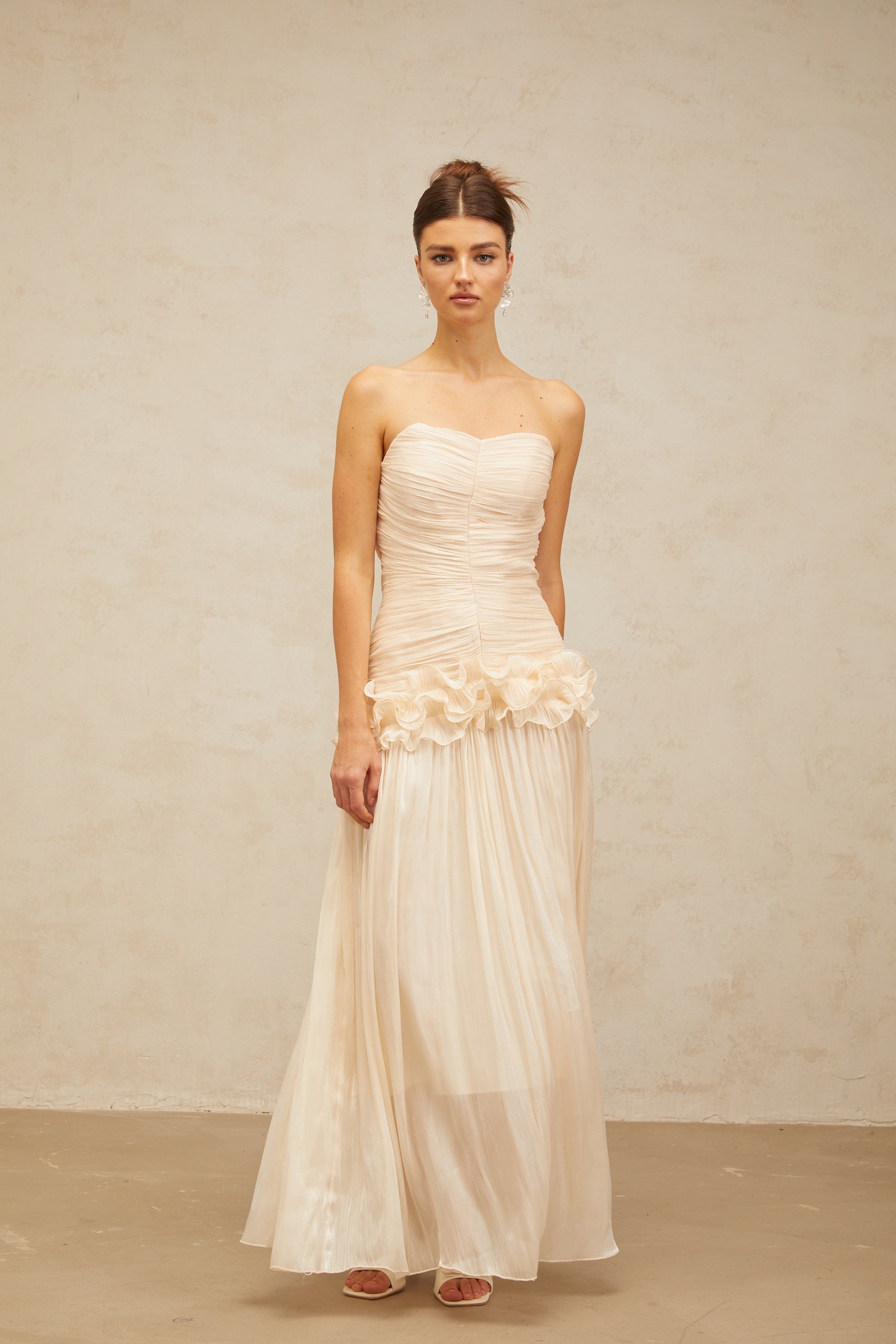 Céleste neutrals ruffled pleated maxi dress