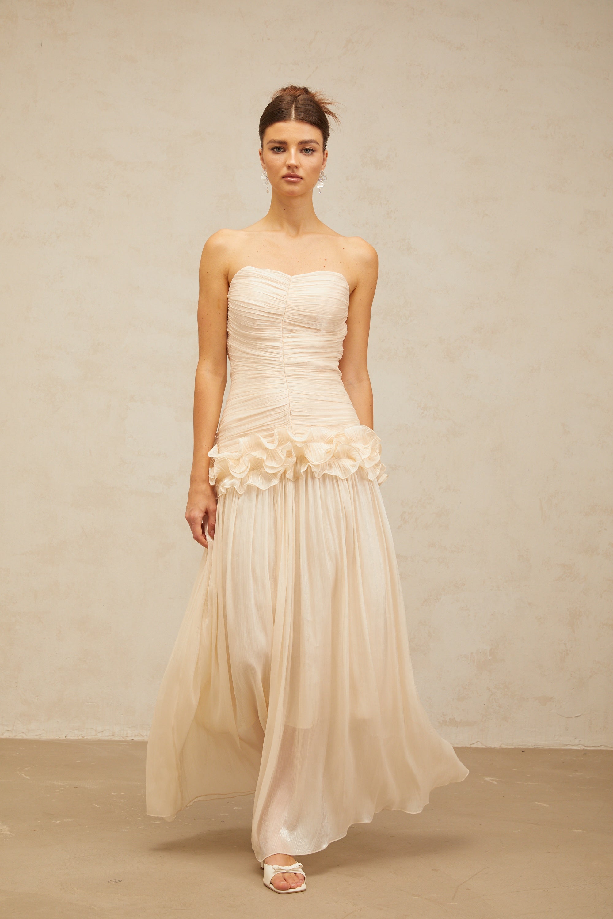 Céleste neutrals ruffled pleated maxi dress