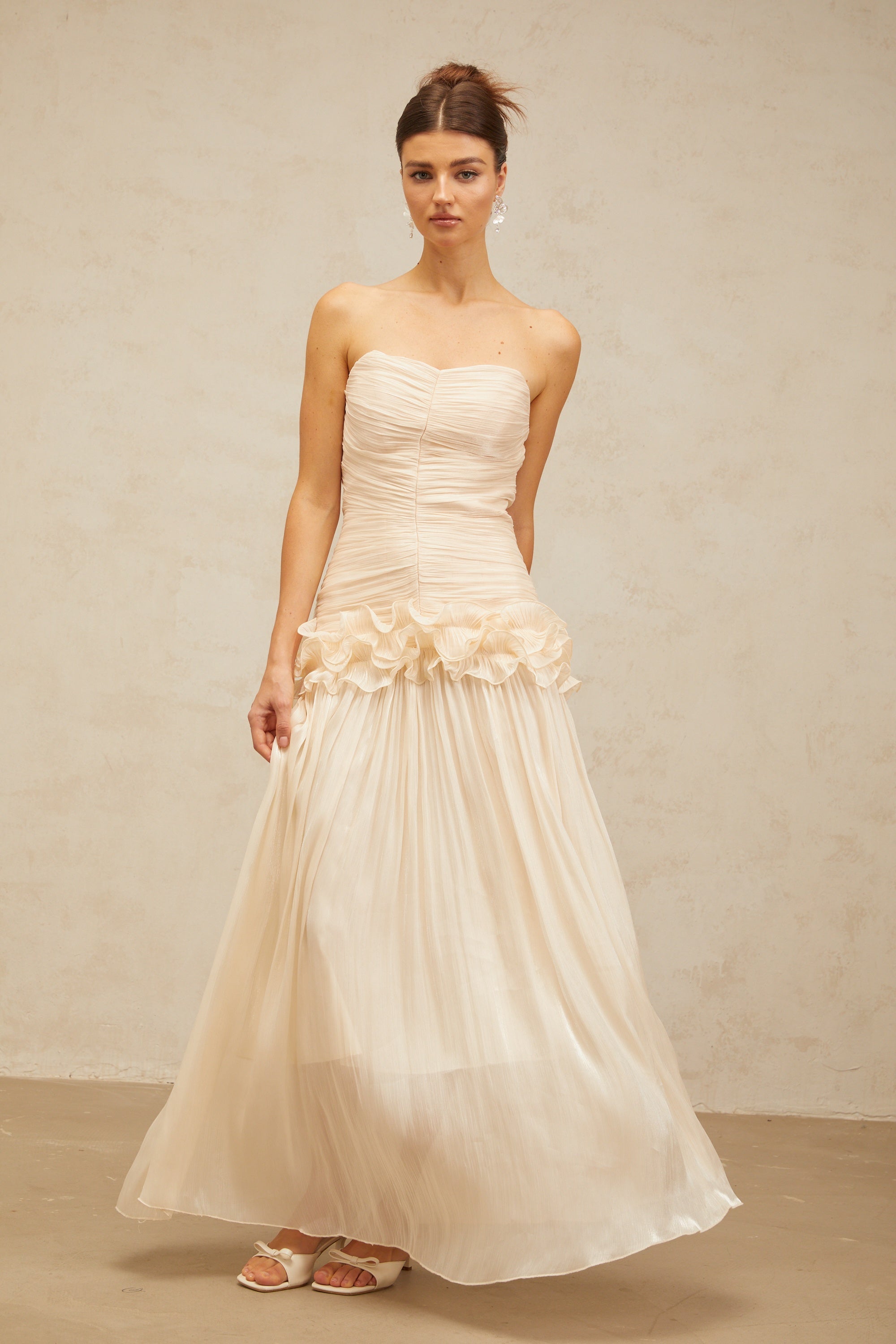 Céleste neutrals ruffled pleated maxi dress