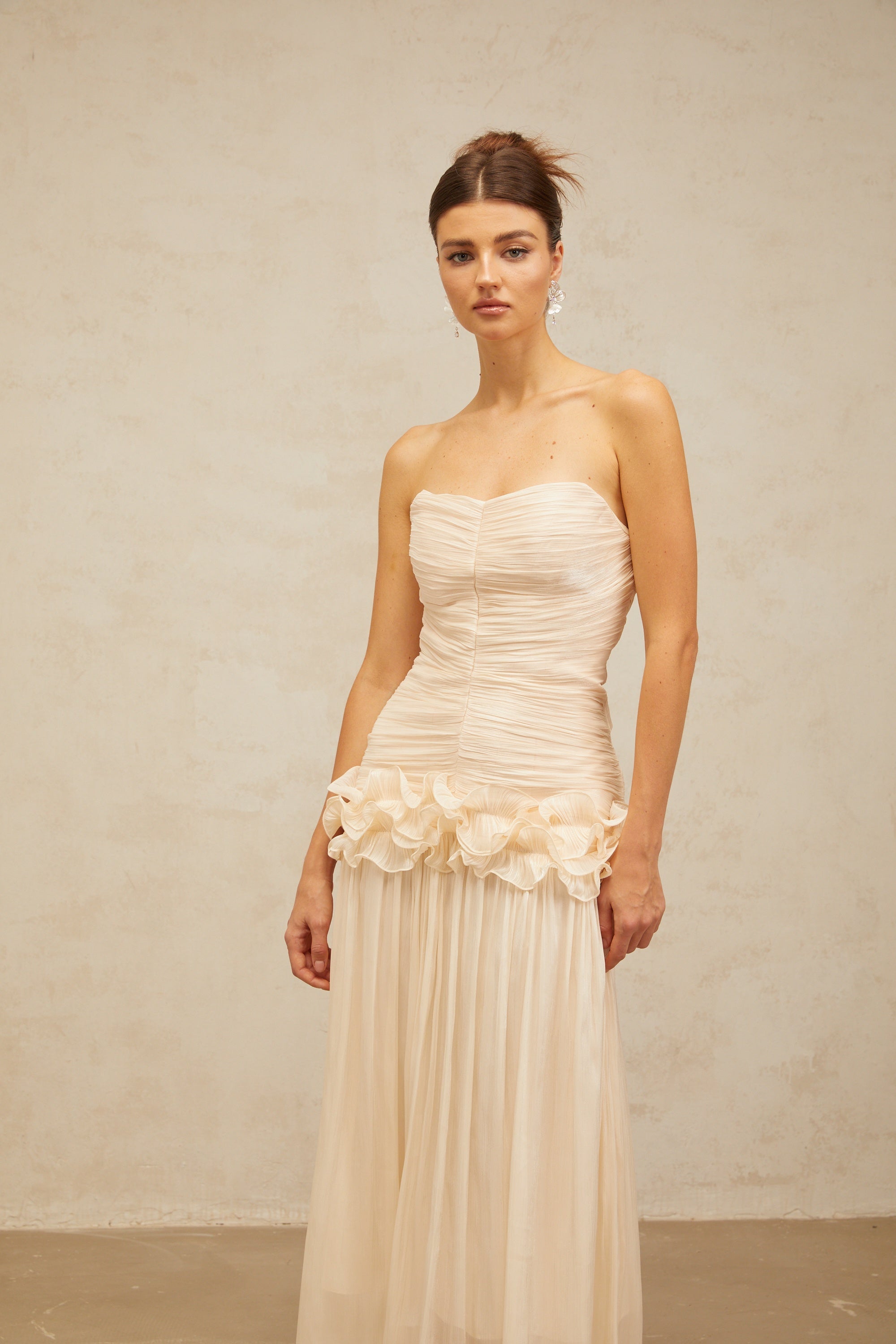 Céleste neutrals ruffled pleated maxi dress