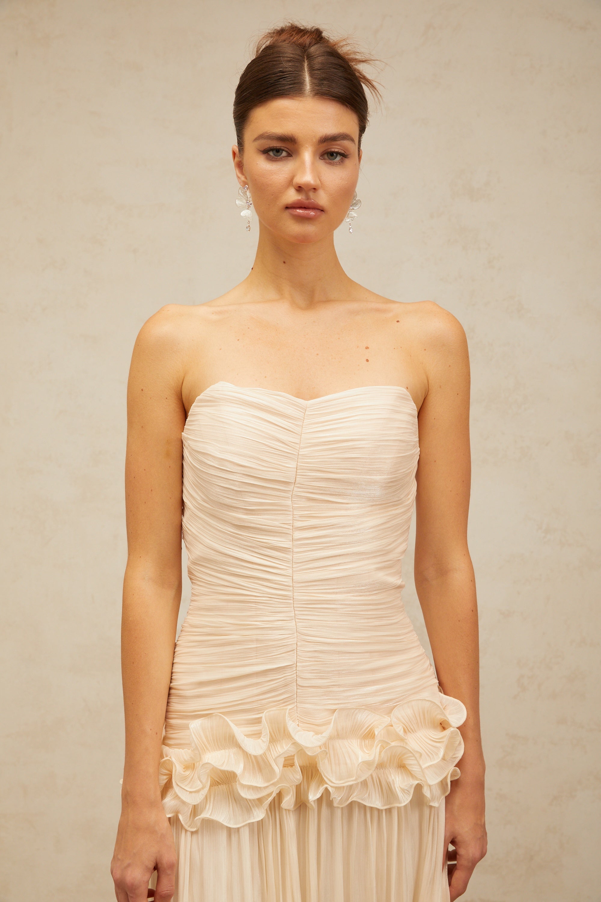 Céleste neutrals ruffled pleated maxi dress