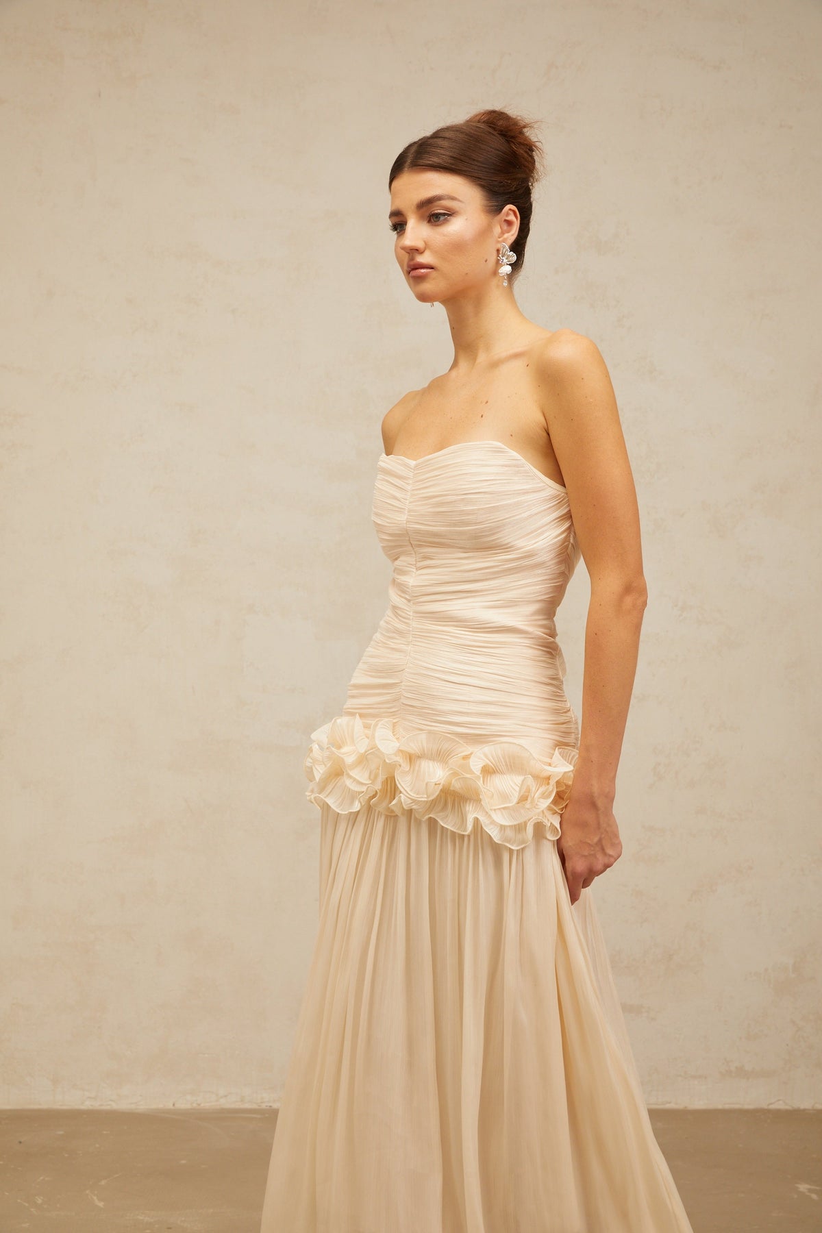 Céleste neutrals ruffled pleated maxi dress