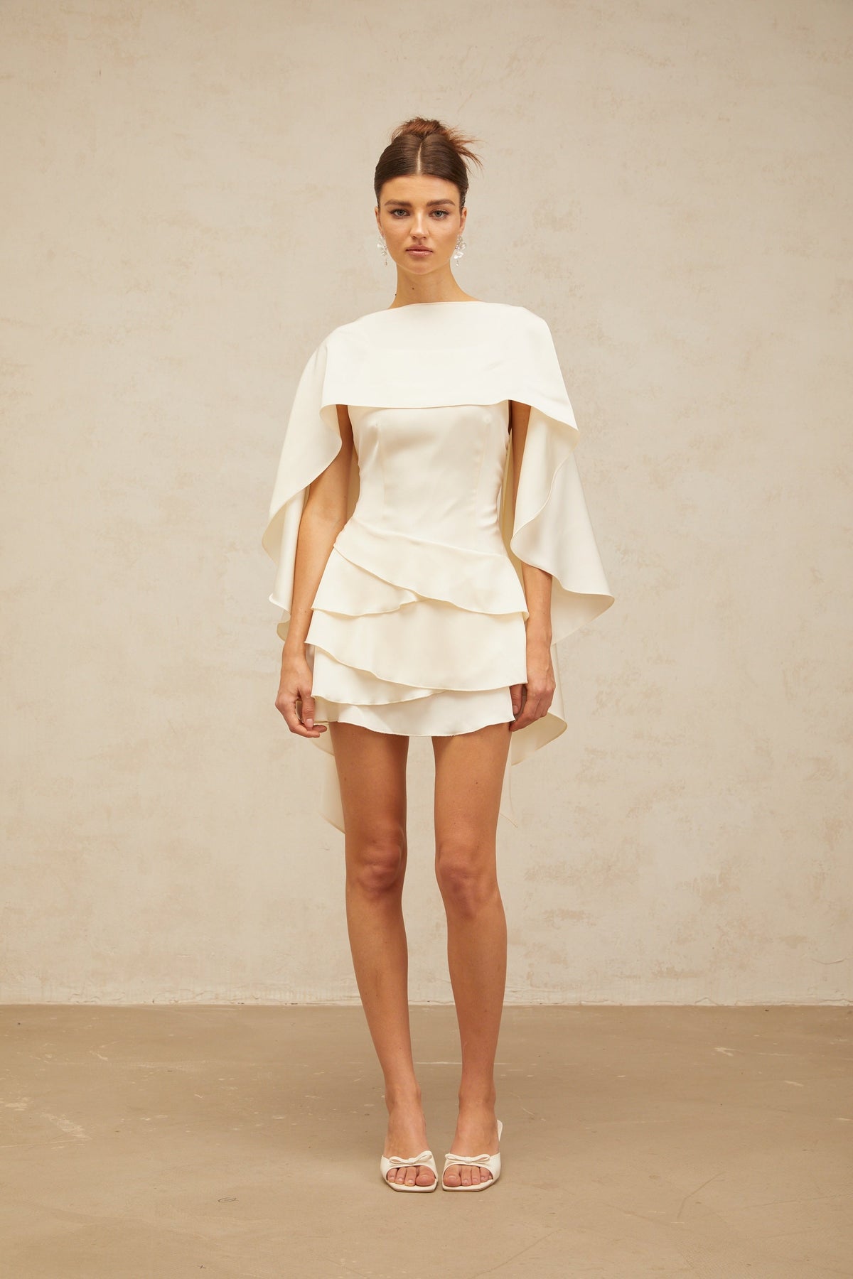 Lyna shawl-panel ruffled satin mini dress in White
