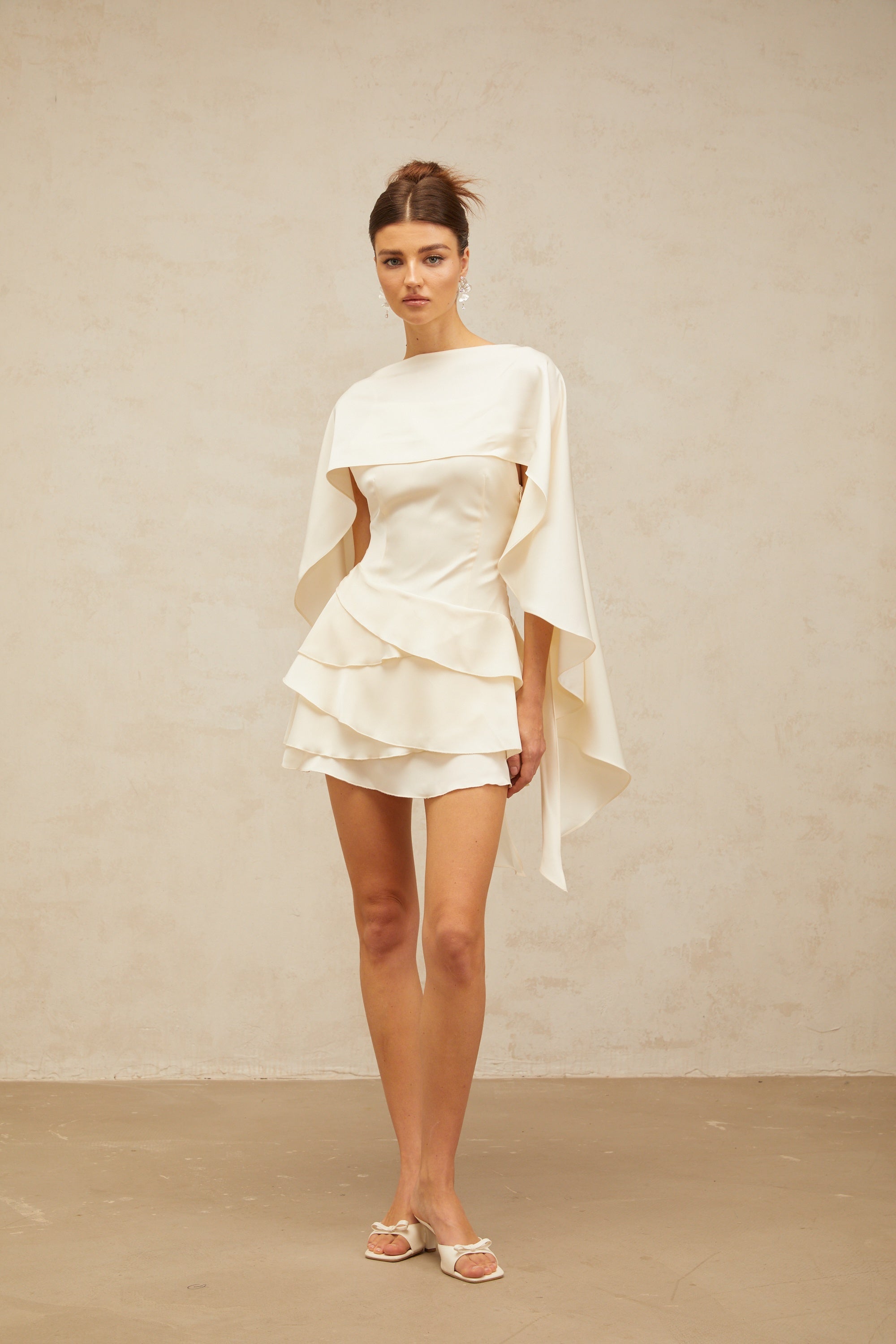 Lyna shawl-panel ruffled satin mini dress in White