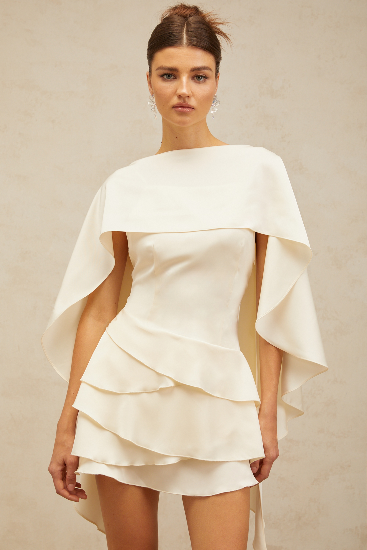 Lyna shawl-panel ruffled satin mini dress in White