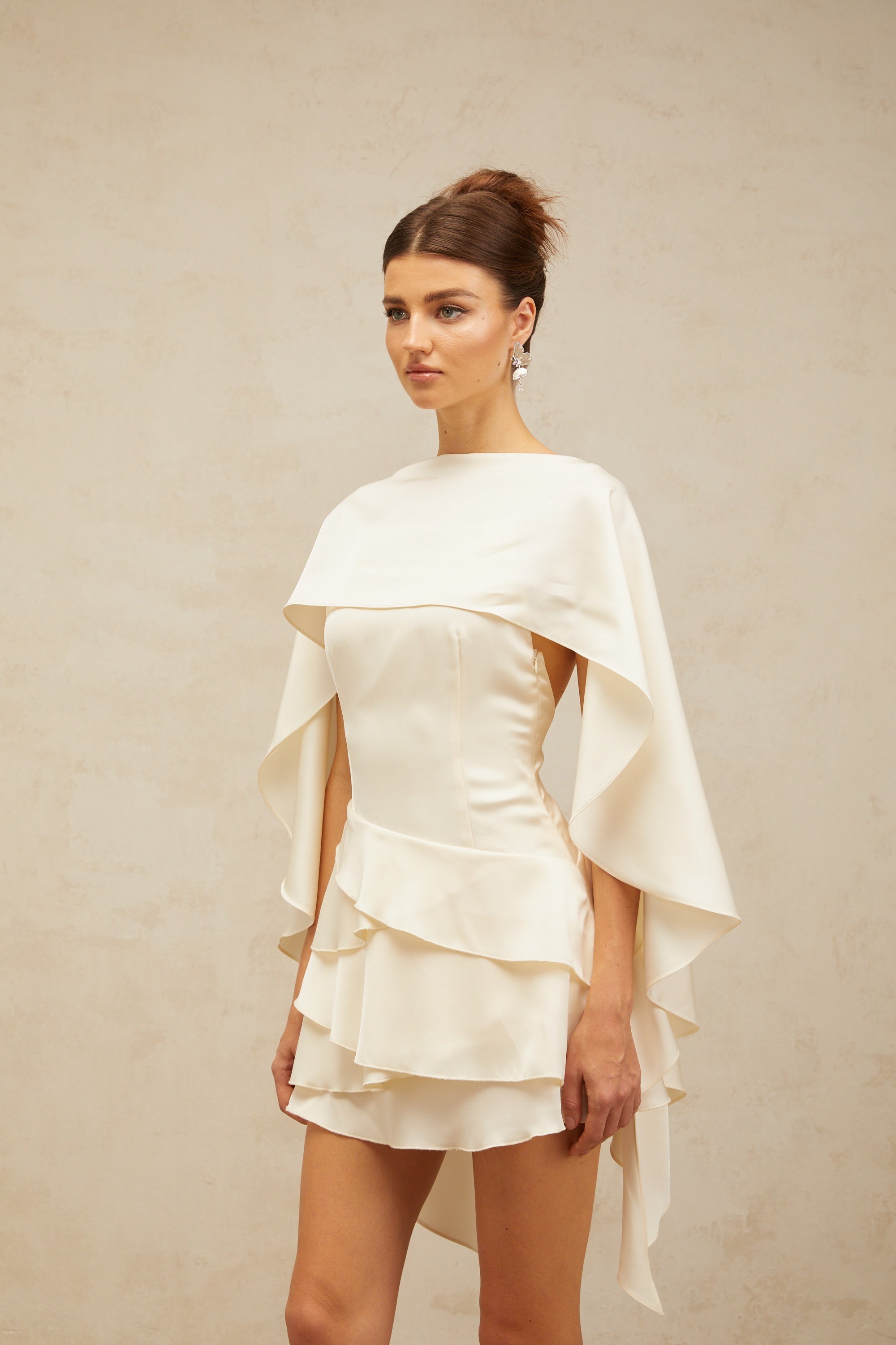 Lyna shawl-panel ruffled satin mini dress in White