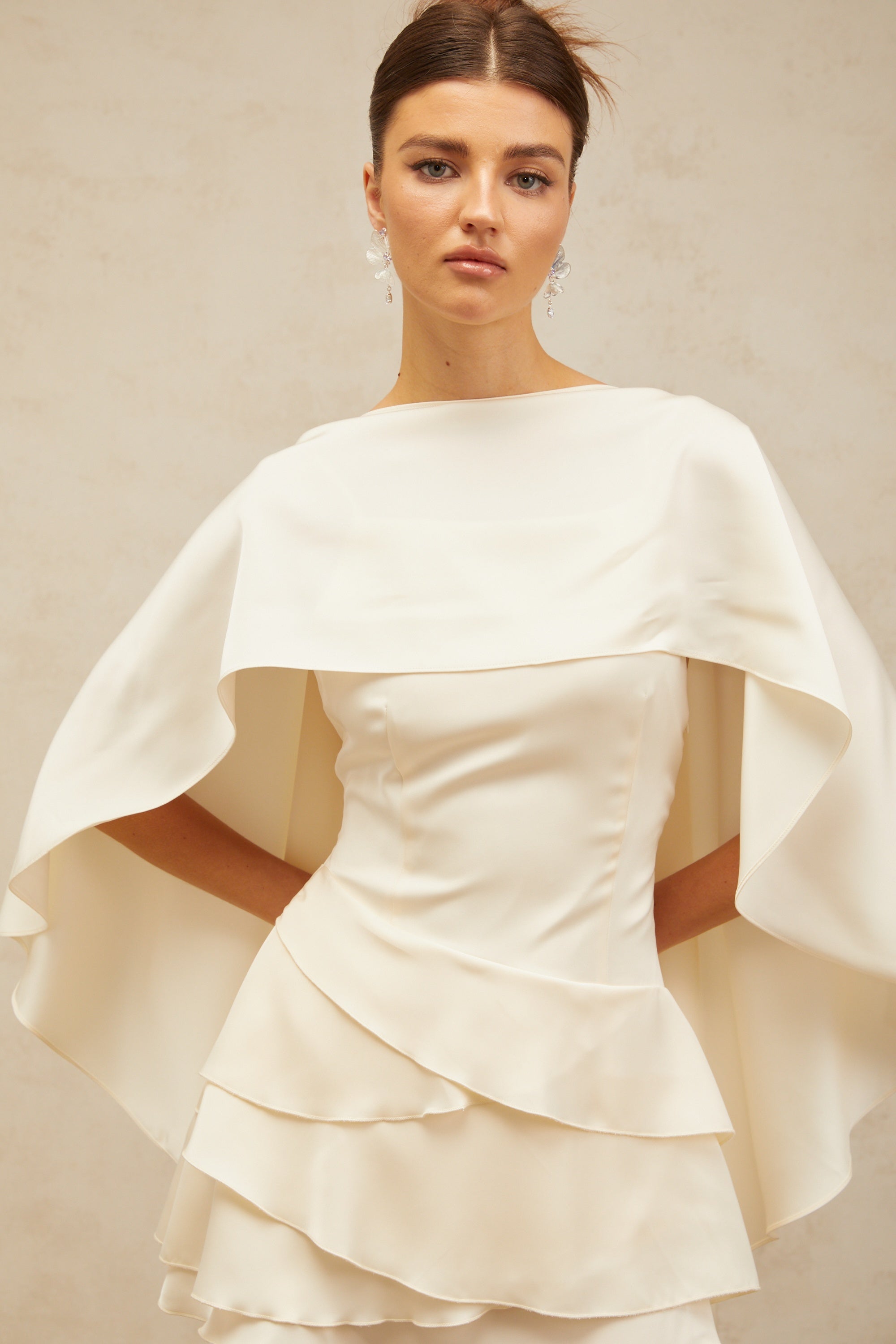 Lyna shawl-panel ruffled satin mini dress in White