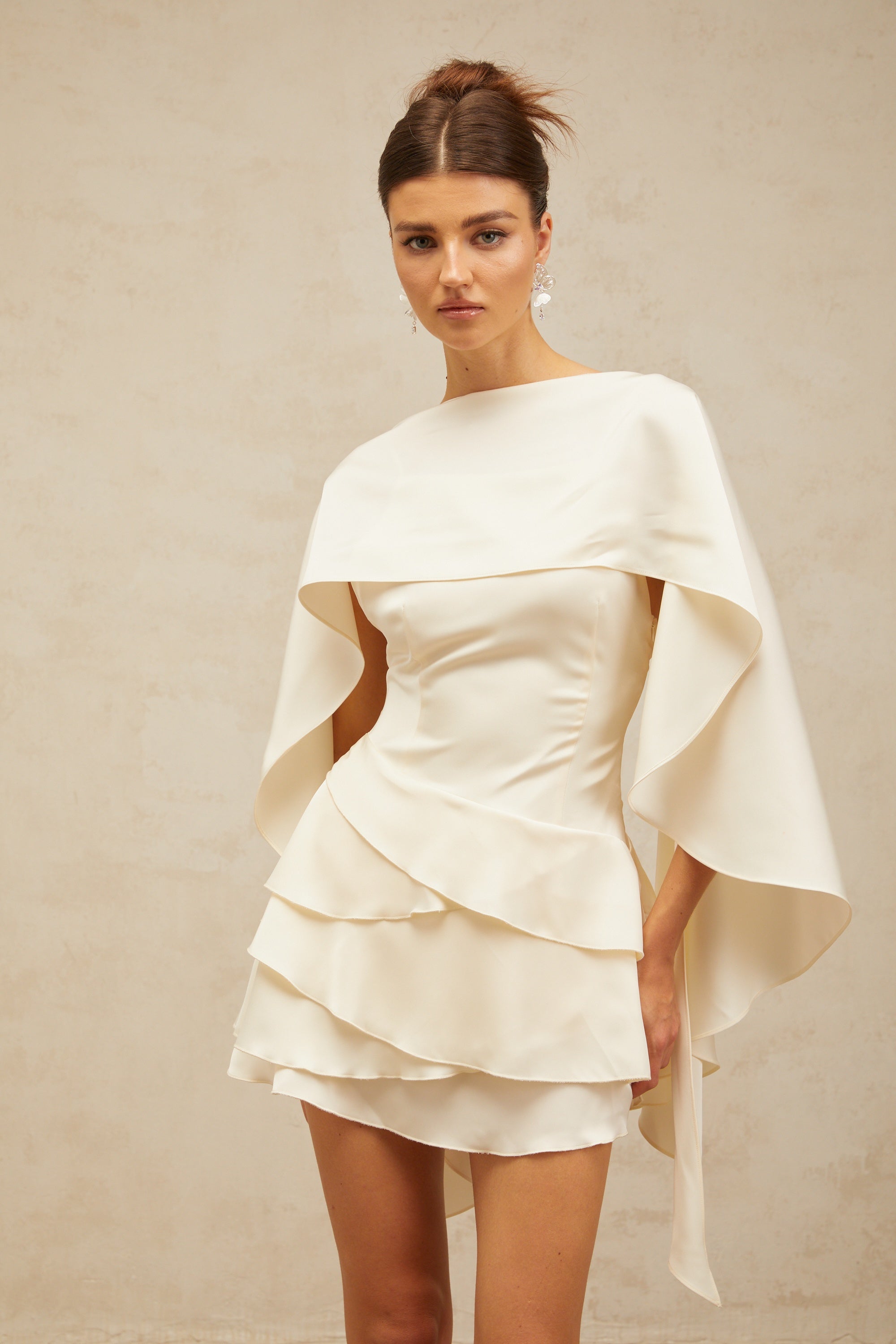 Lyna shawl-panel ruffled satin mini dress in White