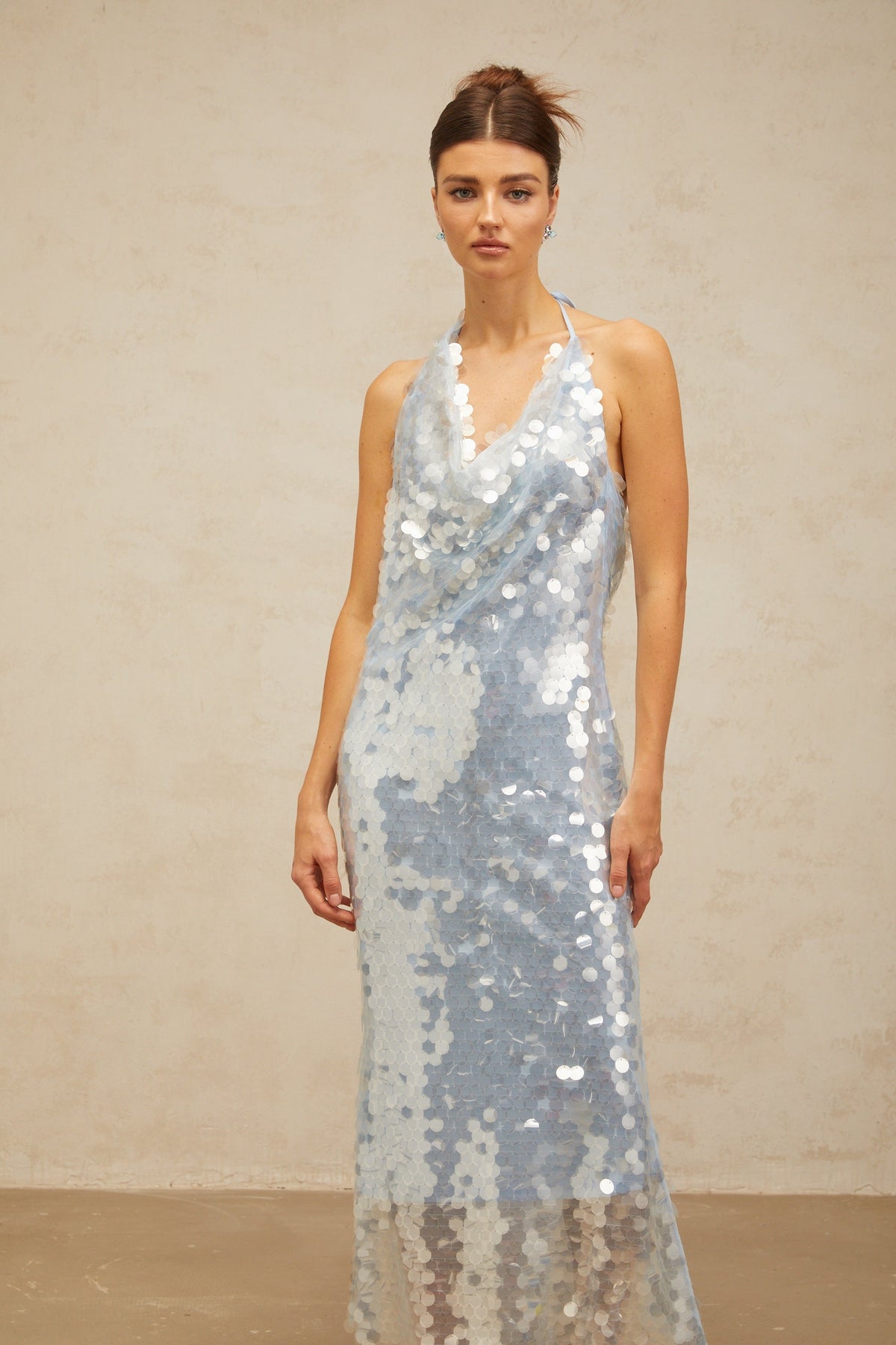 Babette blue halterneck sequined midi dress