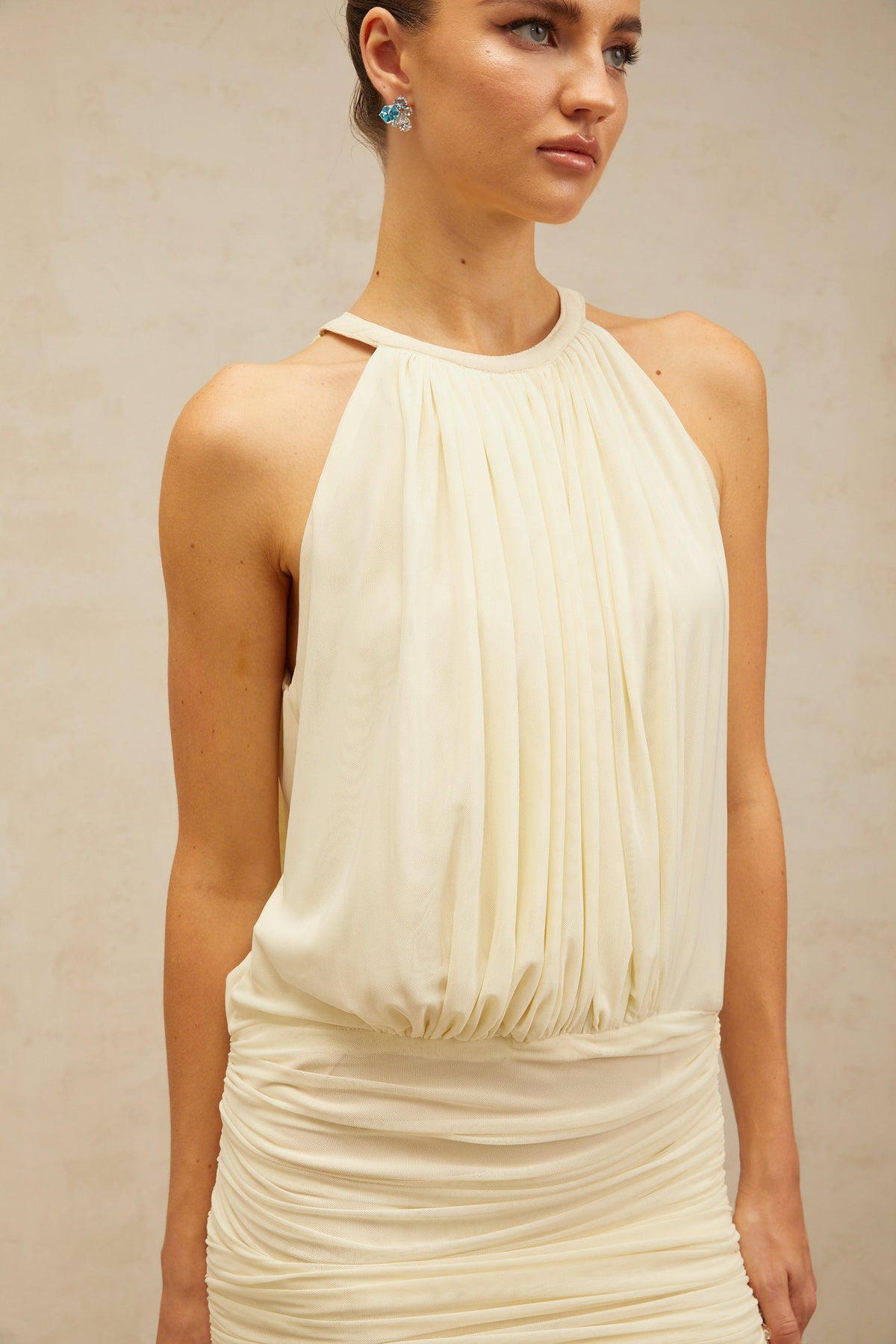 Déotille neutrals ruched fringe mini dress