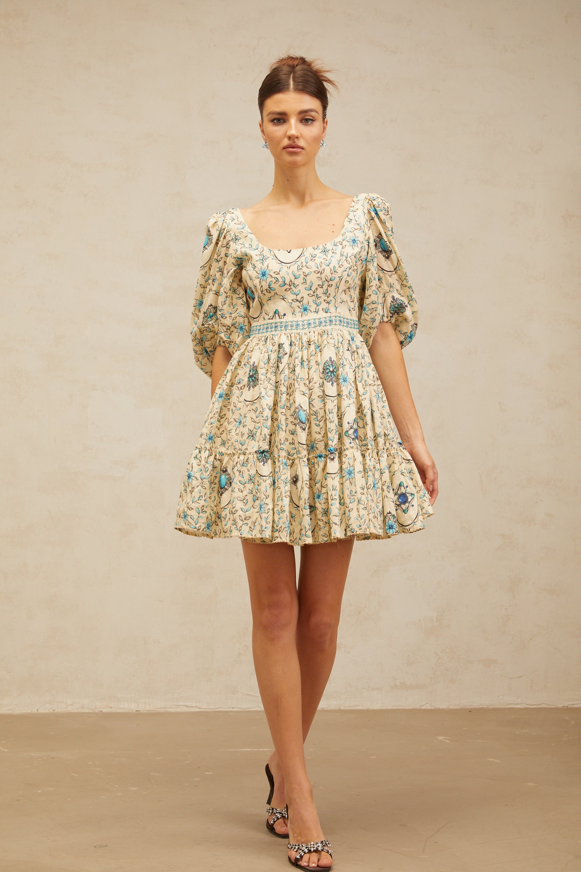 Odette neutrals floral-print pleated mini dress