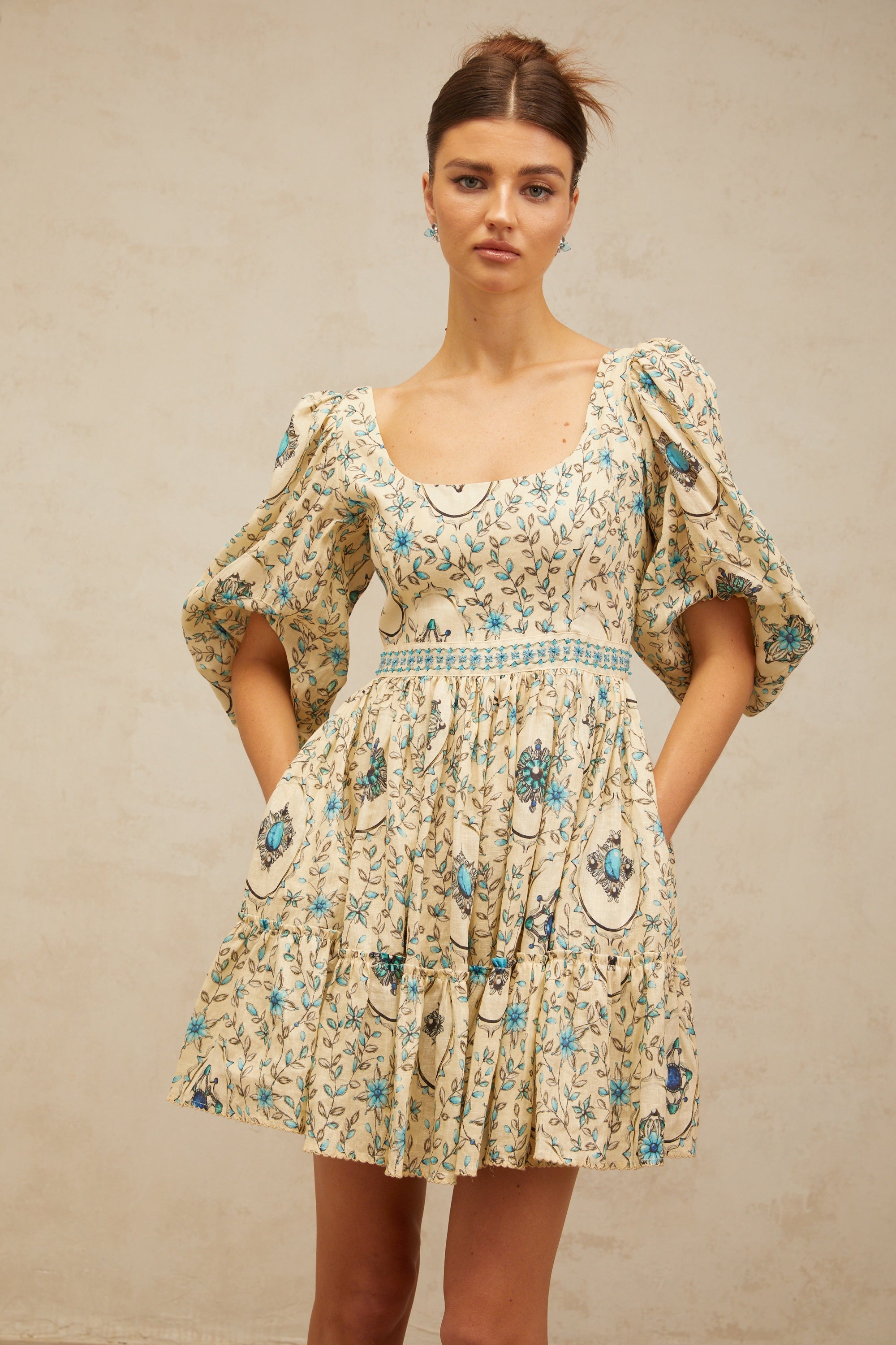 Odette neutrals floral-print pleated mini dress