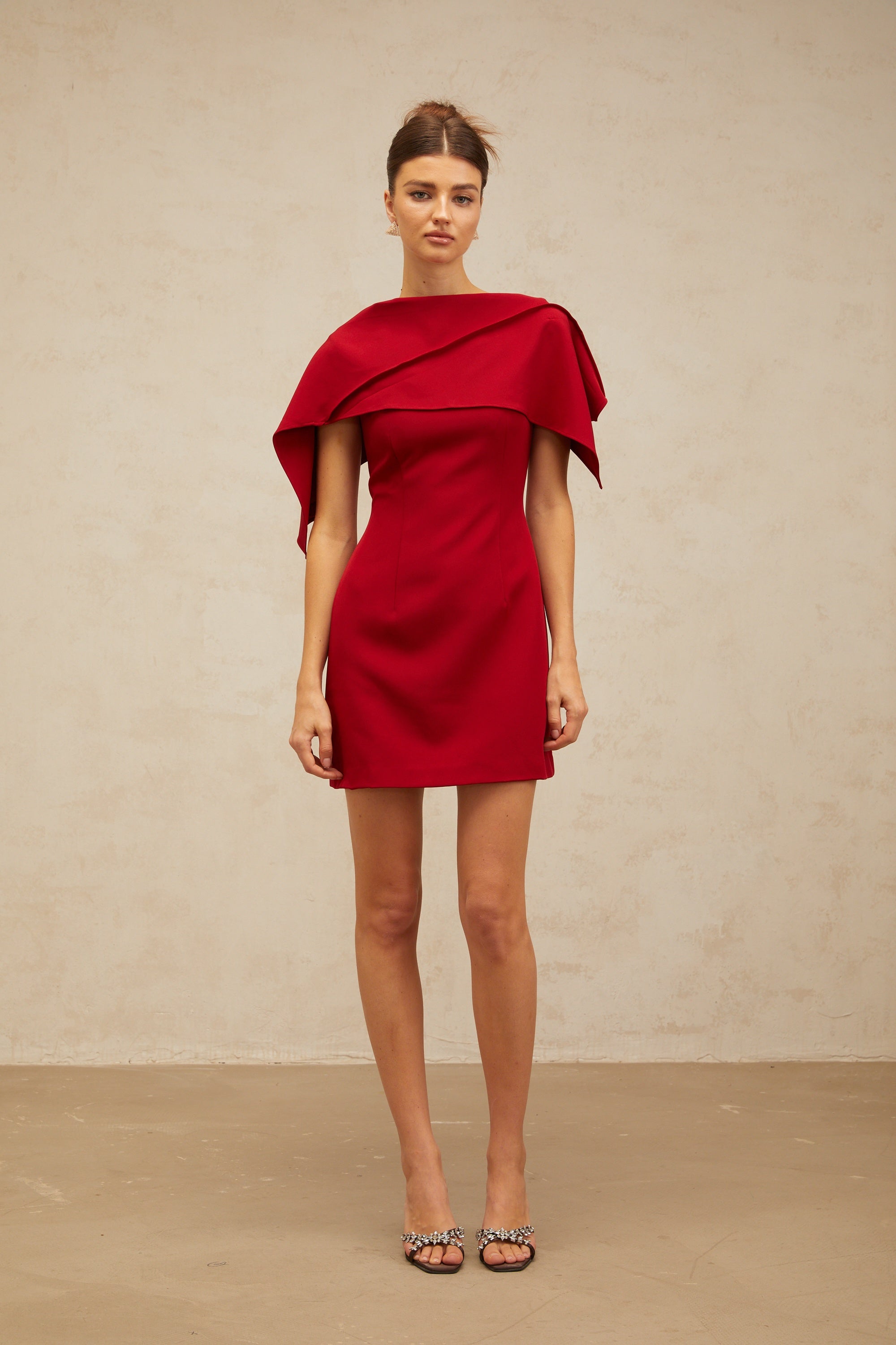 Constance wine-red cape-design A-line mini dress