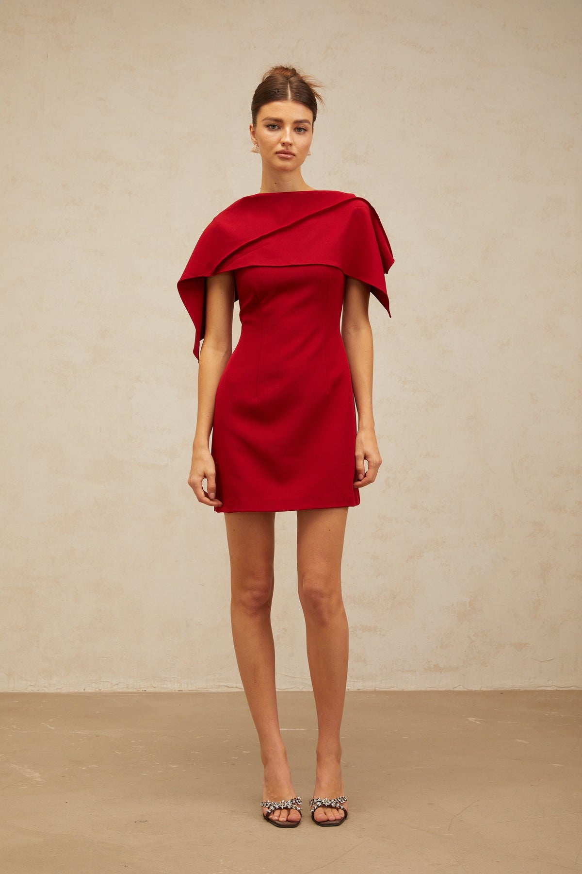 Constance wine-red cape-design A-line mini dress